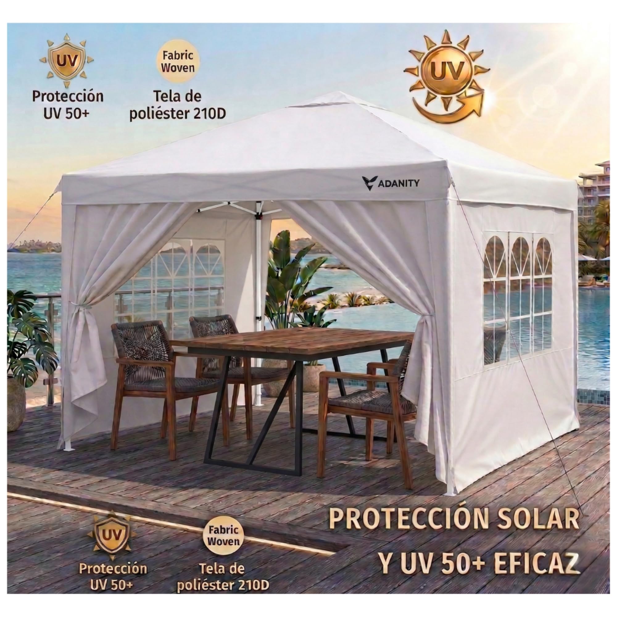 Carpa Plegable 3x3 m Blanca para Bodas y Catering | Cenador Jardín 4 Paredes (Ventanas y Puerta) | Lona Oxford 210D Impermeable UV | Estructura Acero | Incluye Bolsa y Kit Anclaje