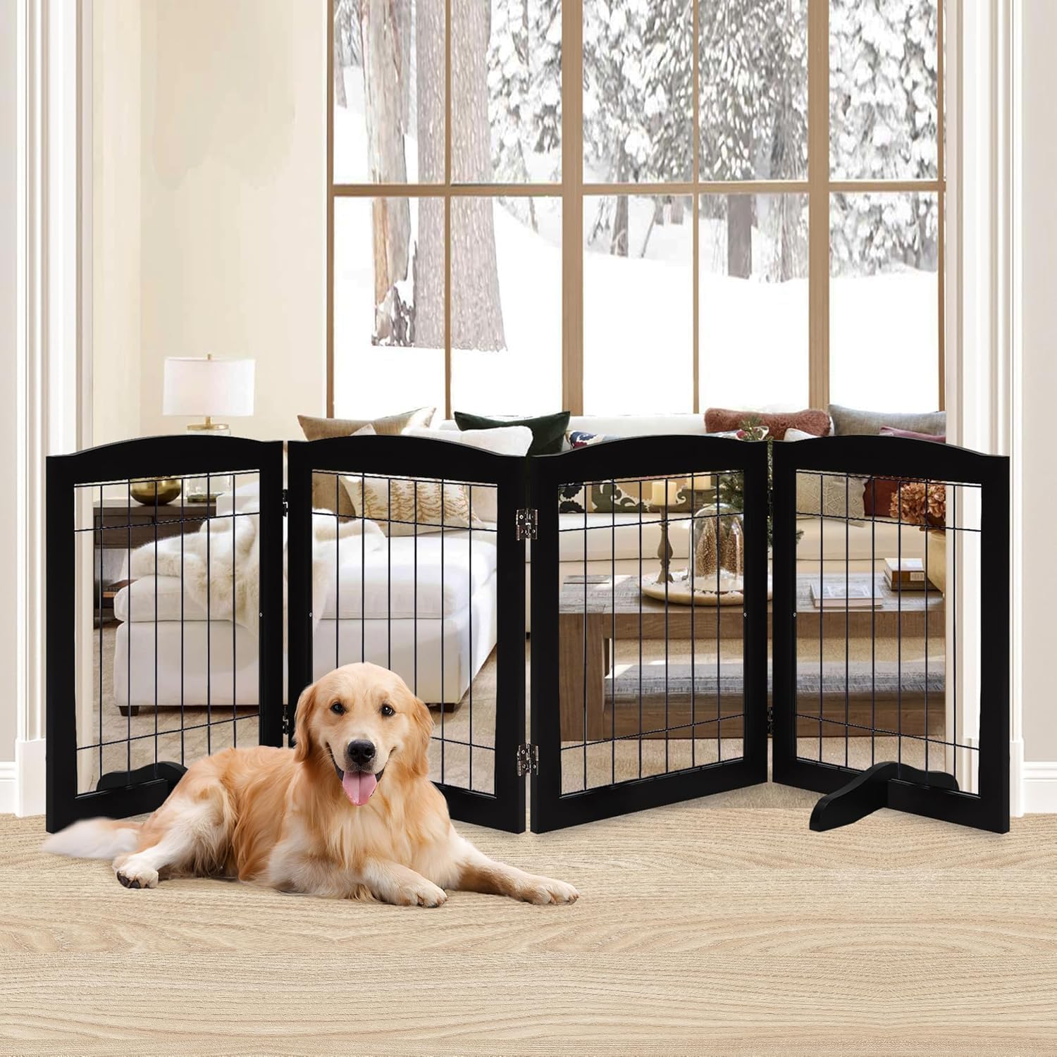 LZRS 4-Panel Freestanding Wooden Dog Gate—Extra Wide 30” Tall Foldable Pet Barrier with Support Feet, Solid Hardwood & Steel Wire Safety Gate for Doorways, Hallways, and Stairs, Black 30"Height-4 Panel Black