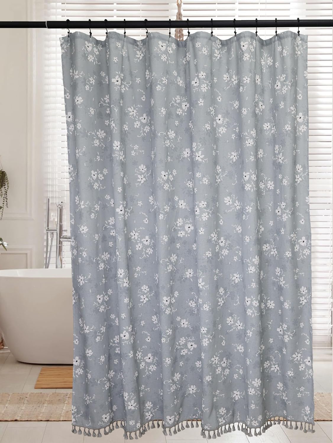 Farmhouse Floral Shower Curtain - 72x72 Inches, Cotton Blend Fabric, Breathable & Washable, Rustic Grey Blue Floral for Bathroom Decor (Grey Blue Floral + Tassel)