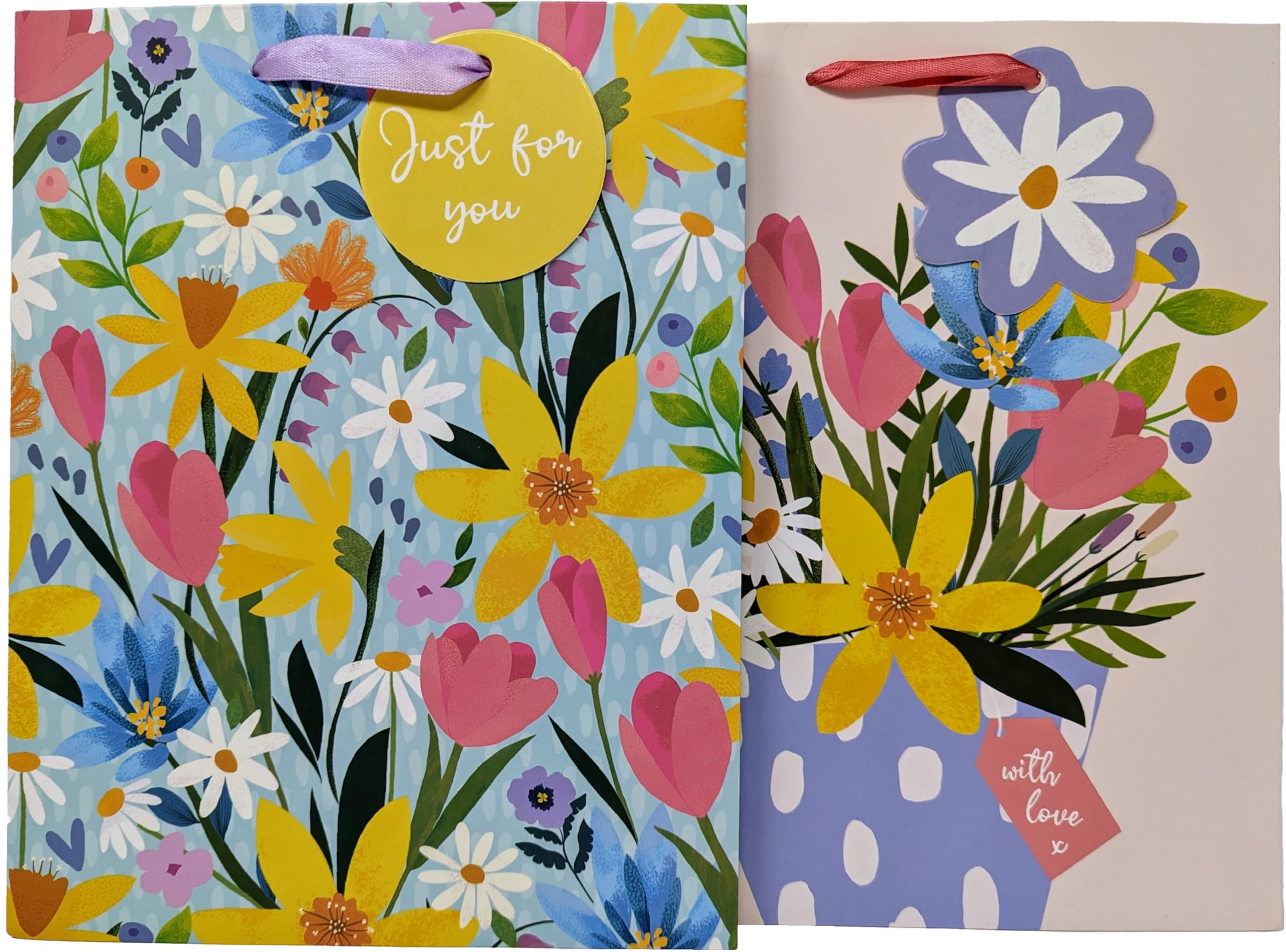 Set of 2 Luxury Floral Gift Bags – Medium 23 x 18 x 10.2cm – Elegant Spring Designs with Ribbon Handles – Reusable Gift Bags for Easter, Mother’s Day, Birthdays & Special Occasions