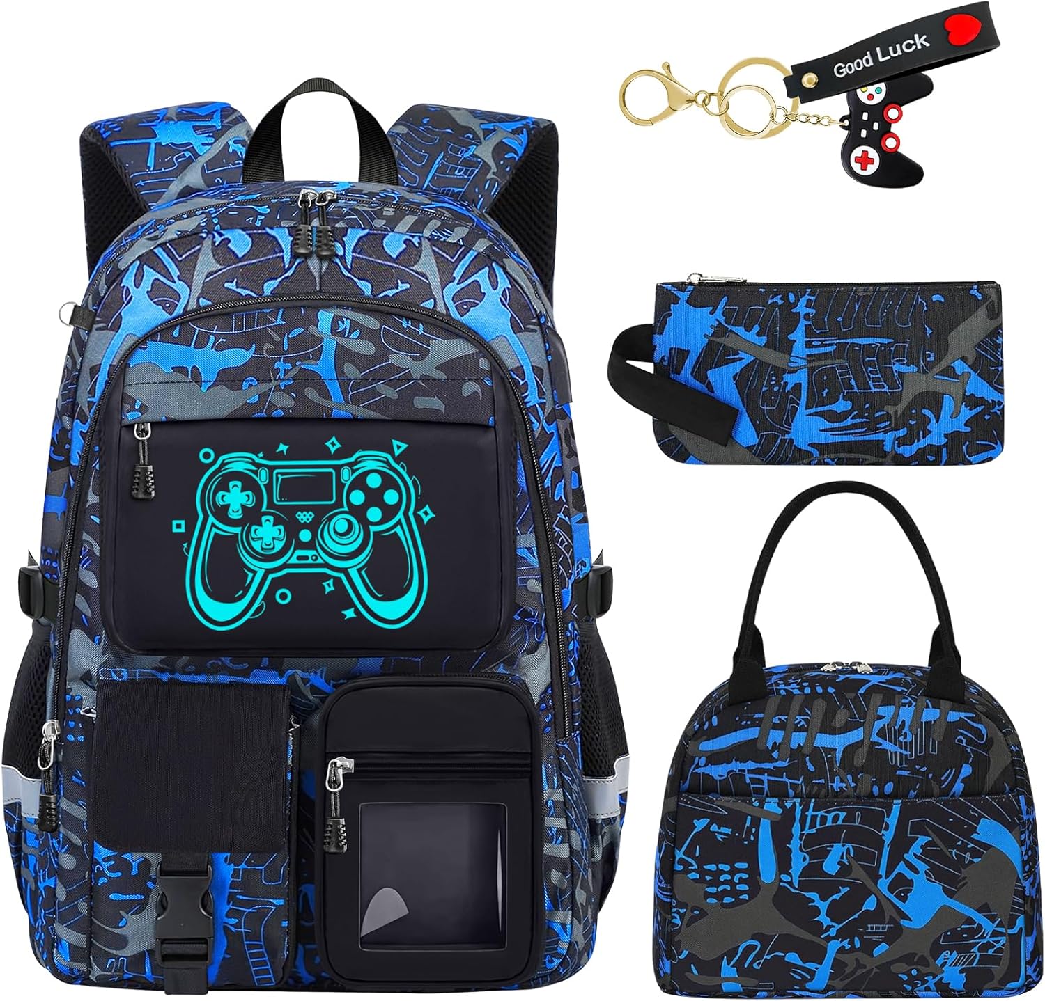 School Backpack for Boys - 4pcs Gamer Boys Backpack with Lunch Box Set for Kids Teens Elementary Middle High School - 18" Large Capacity School Bookbag with Multiple Pockets