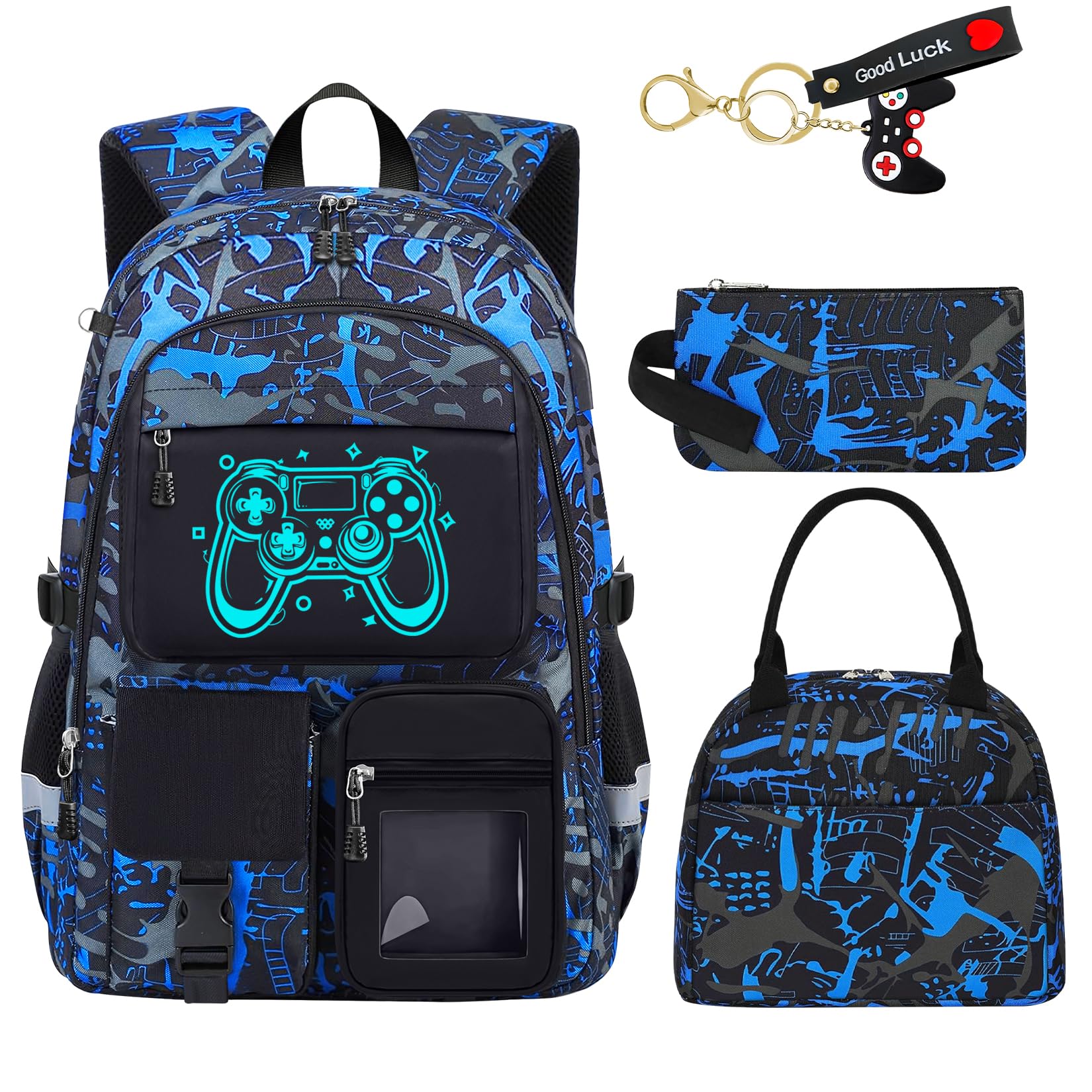 Fitvc School Backpack for Boys - 4pcs Gamer Boys Backpack with Lunch Box Set for Kids Teens Elementary Middle High School - 18" Large Capacity School