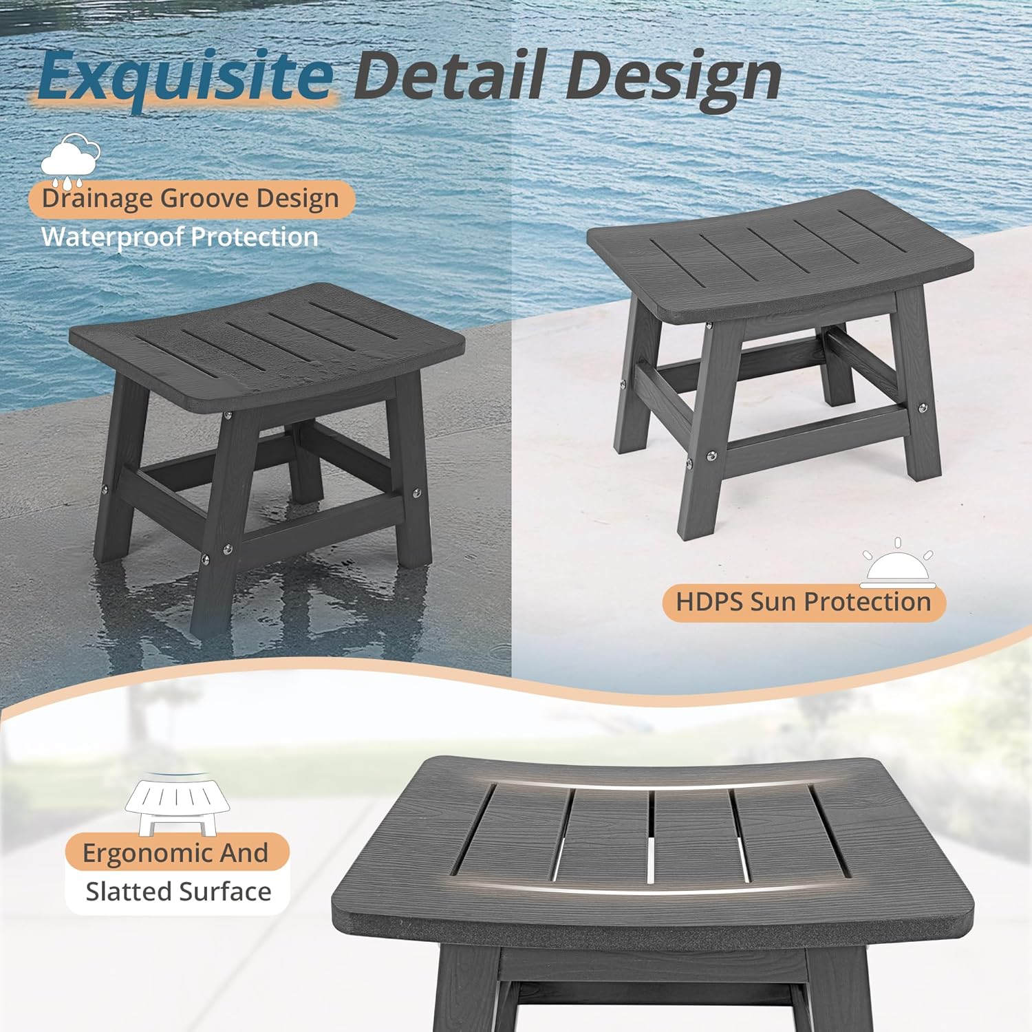 LUE BONA Outdoor Adirondack Ottomans, Footrest Footstool Set of 2, Outdoor Foot Rest for Patio, HDPS All Weather Waterproof Footrest Footstool for Adirondack Chair, Dark Gray