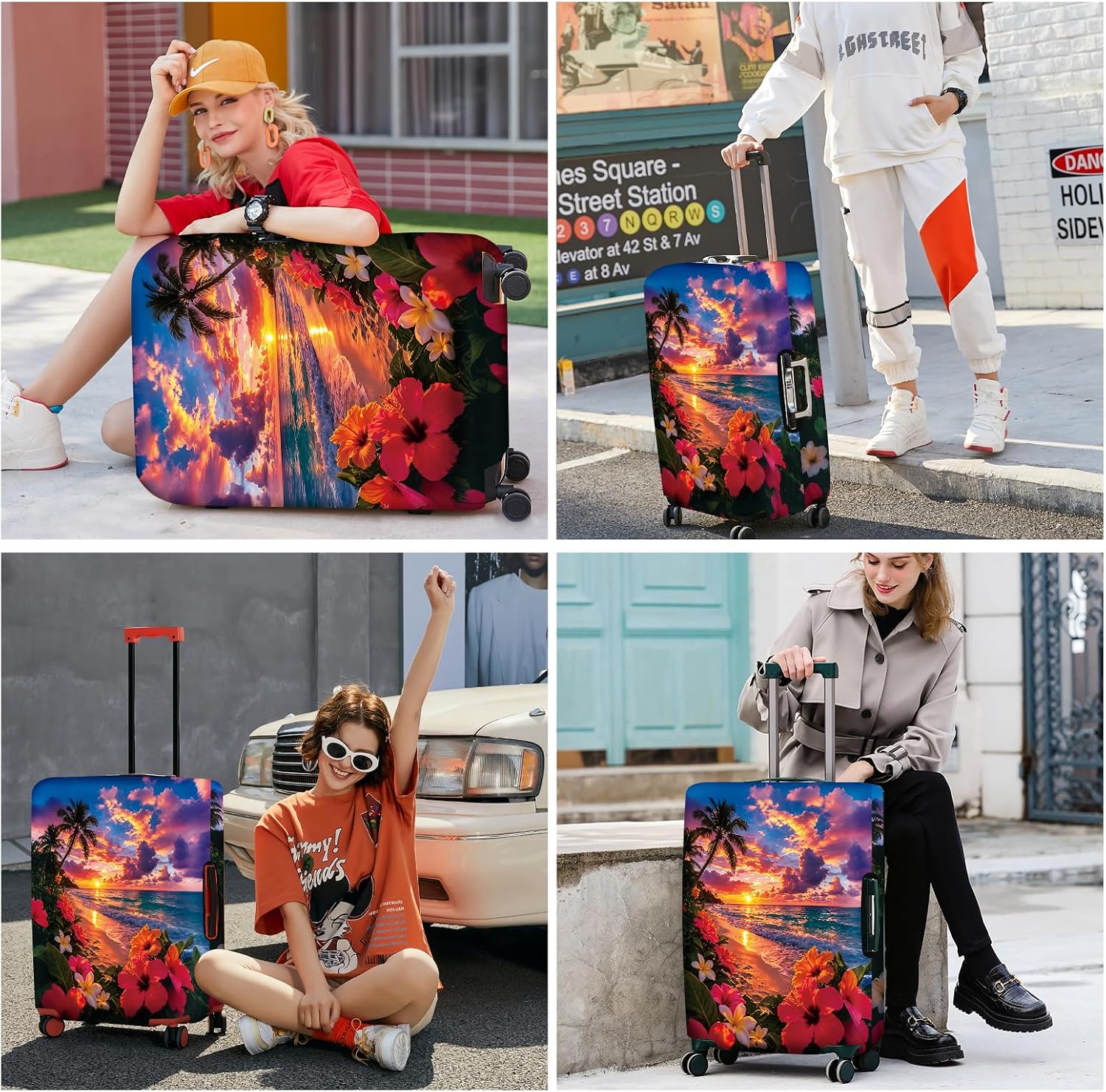 FOREVER QUEEN Tropical Hibiscus Flower Luggage Cover,Thick Stretch Spandex Suitcase Protector,Waterproof Washable Anti-Scratch Dustproof Cover Fits 32-34 Inch Luggage