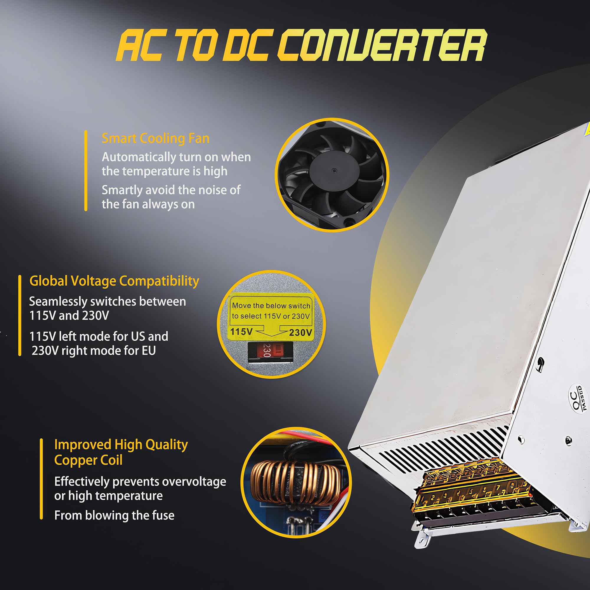 Konwerter AC na DC 110 V na 12 V 83 A 1000 W, AC 110 V 220 V na DC 12 V uniwersalny zasilacz przełączający regulowany transformator SMPS adapter AC na DC do LED, CCTV, RV (DC12V-83A-1000A)