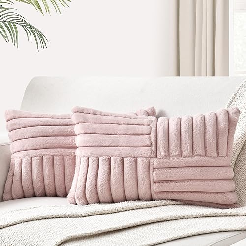 Miniatura 1 de Foindtower Paquete de 2 fundas de almohada decorativas de felpa de pelo sintético suave y esponjoso, funda de cojín lumbar acogedora a rayas para