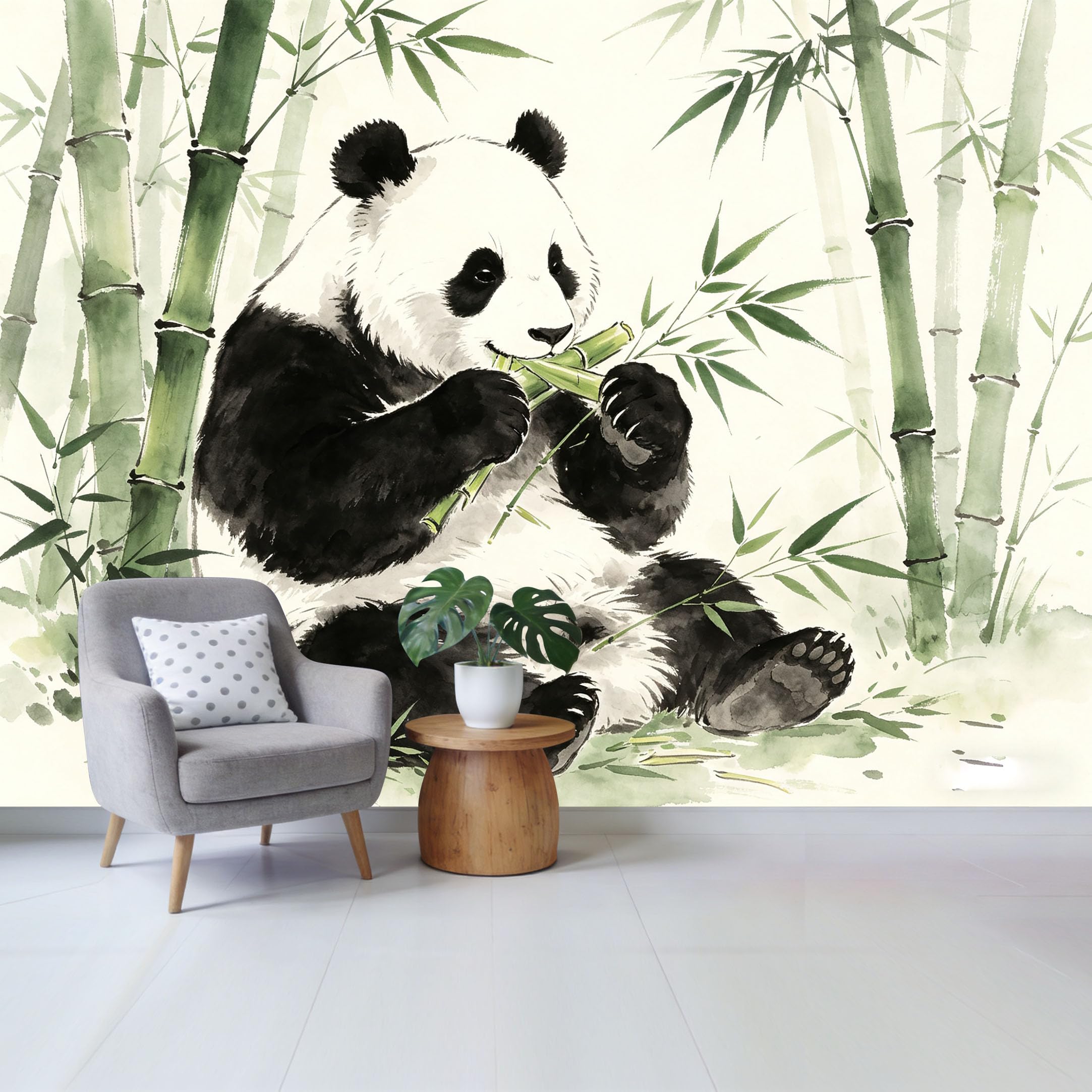 Qzlithotic Yq2605250059 Custom Size Wall Mural Giant Panda Eating Bamboo Forest Watercolor Botanical Style Selfadhesive Wall Fabric Removable Wallpaper For Home Office Decor