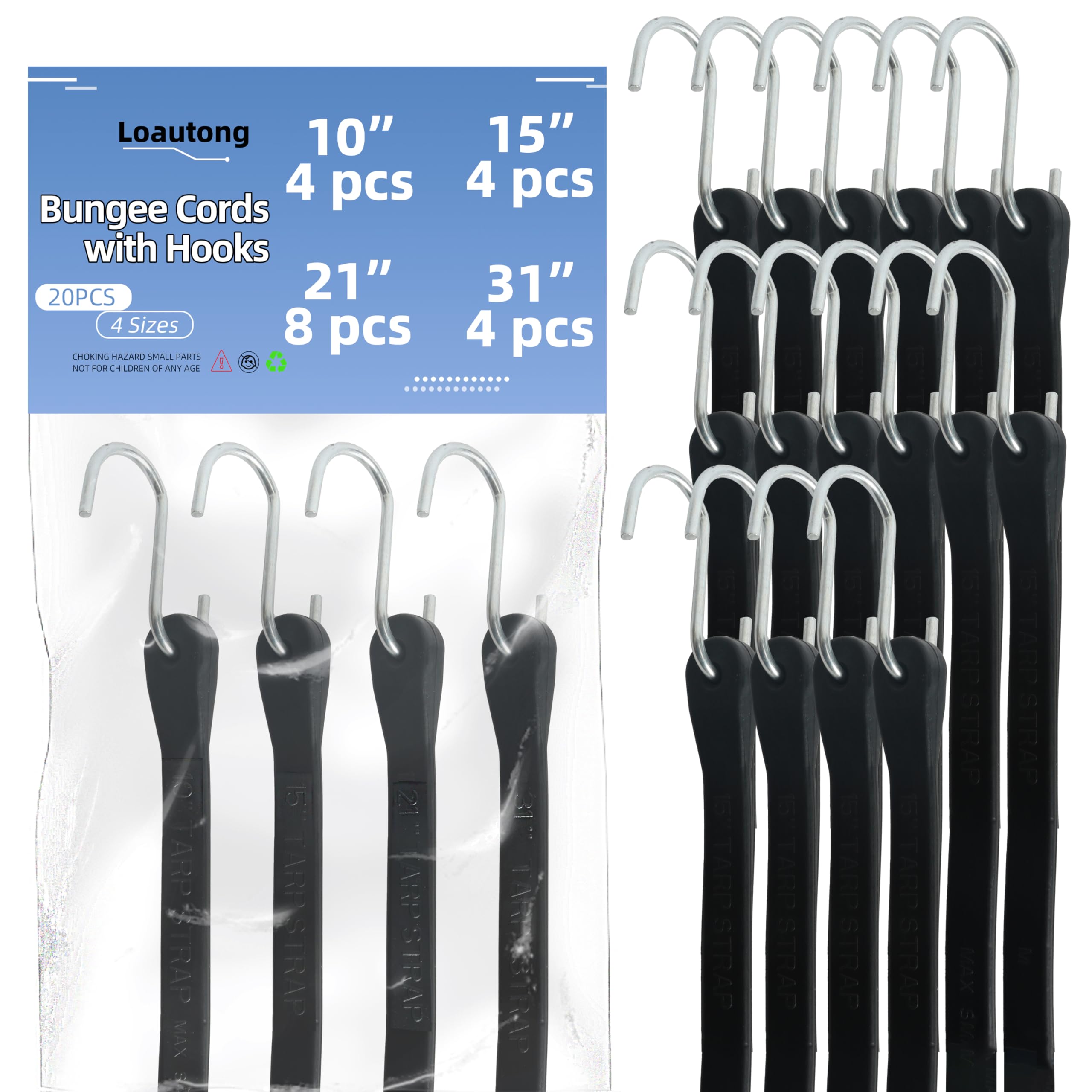Paquete de 20 cuerdas elásticas de goma con ganchos, 10, 15, 21 y 31 pulgadas, correas de lona resistentes para exteriores, elasticidad máxima 1.5X, carga de 180 libras, para camping, fijación de