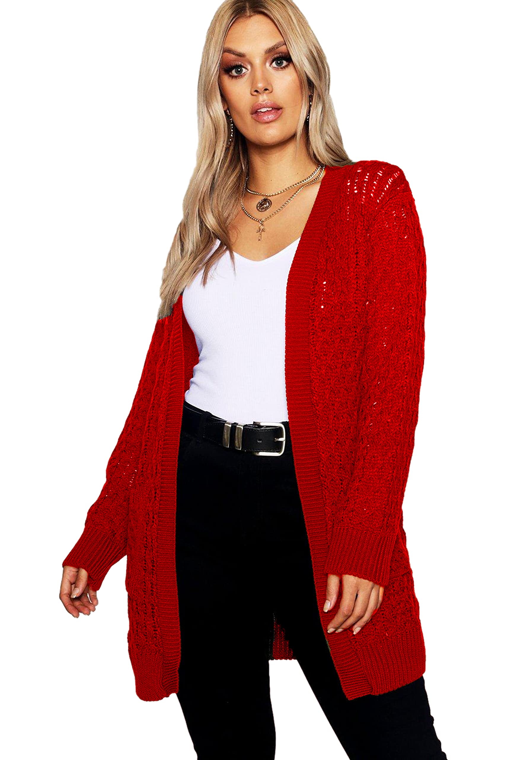 Crazy Girls Womens Crochet Knitted Boyfriend Cardigan, Red, SM (UK 8-10)