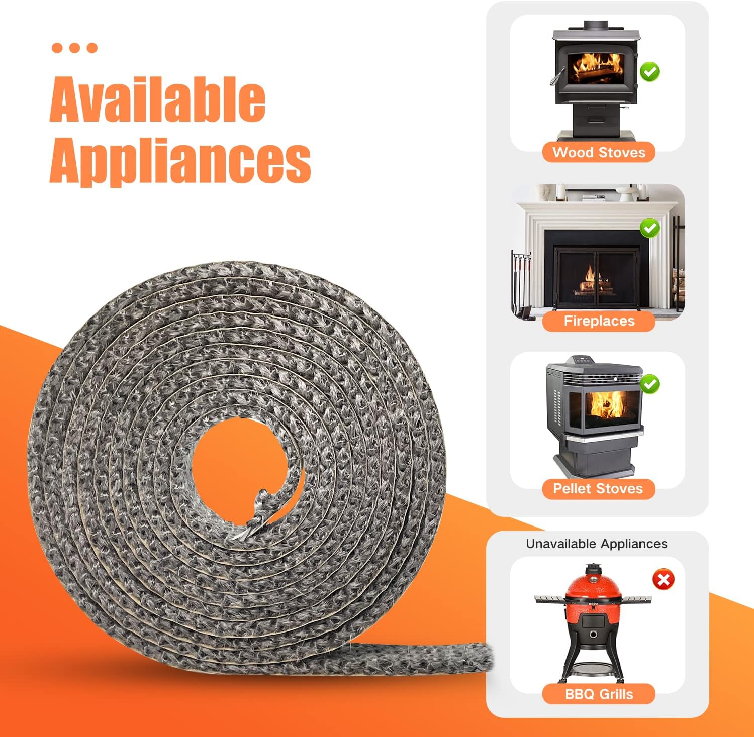 Flat Gasket Tape for Stoves and Fireplaces, Self Adhesive Flat Gasket, 5/8" x1/8" Length 72" Wood Stove Fiberglass Tape