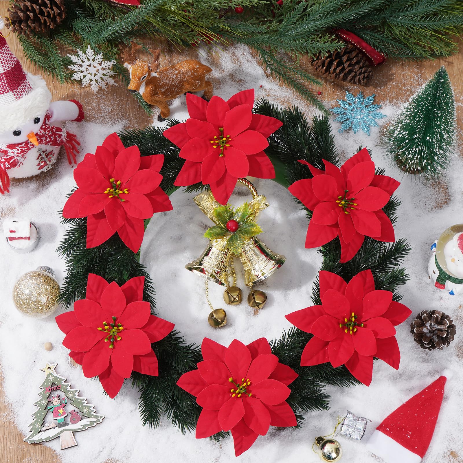 Decoraciones de Navidad – Paquete de 12 flores artificiales de Navidad de 14.1 pulgadas, flores de Pascua artificiales de terciopelo rojo para árbol de Navidad, hogar, fiesta, porche, patio,