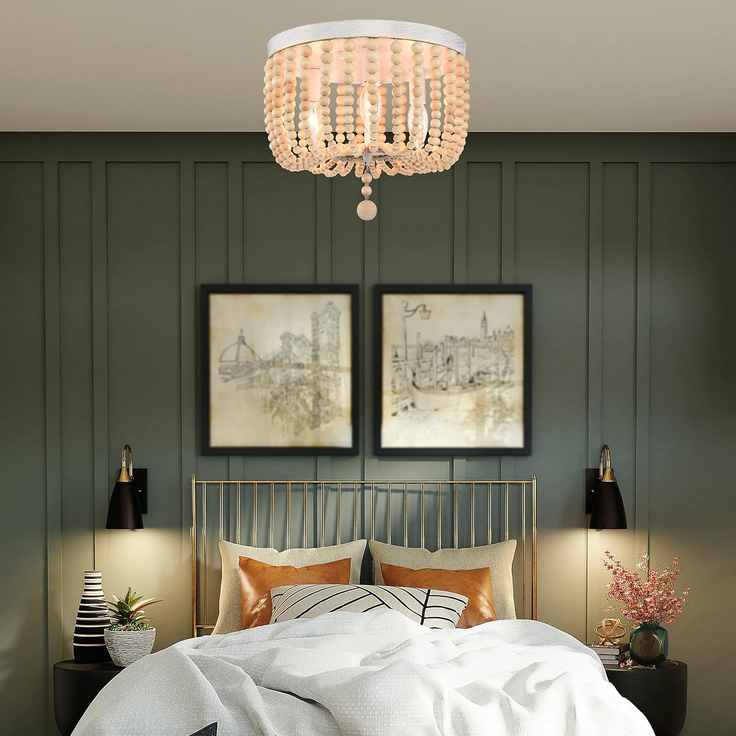 Bohemian Chandelier Small Farmhouse Chandeliers Lighting Wood Beaded 3 Lights Boho Light Fixtures Ceiling