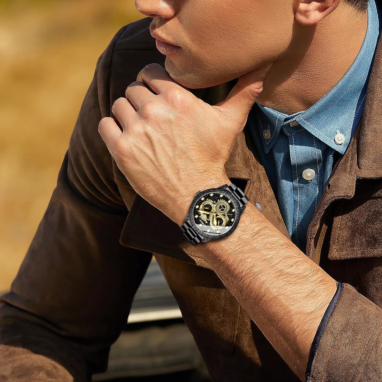 OIDEA Luxury Dragon Men's Watch: Analog Quartz Watches for Men Business Dress Wrist Watch Waterproof Luminous Date Wristwatches with Stainless Steel Strap