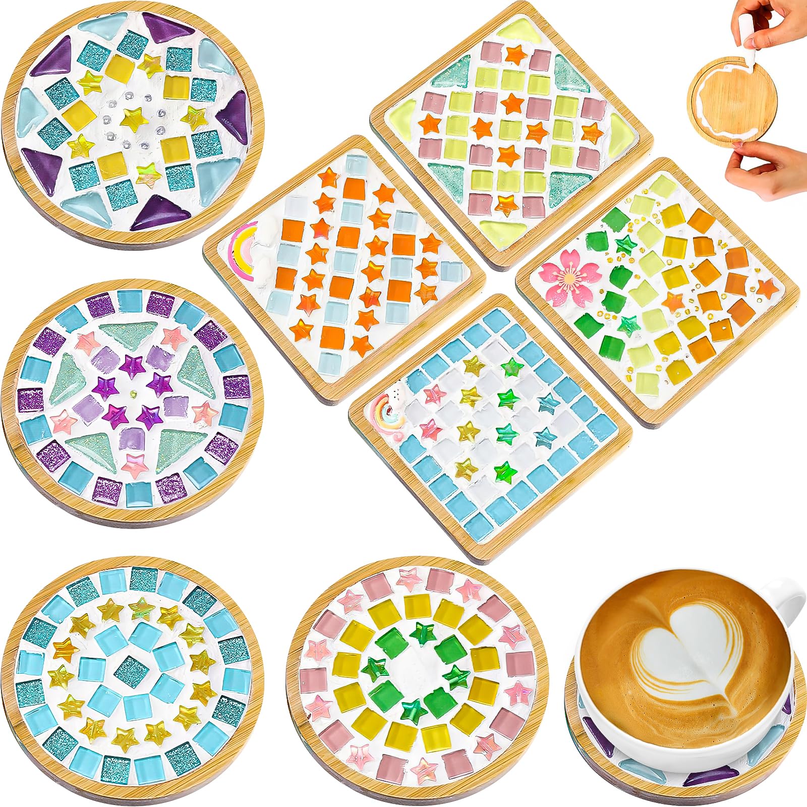 8 Sets DIY Mosaic Coaster Kit, Glass Tile Coaster Craft Kit for Adults
