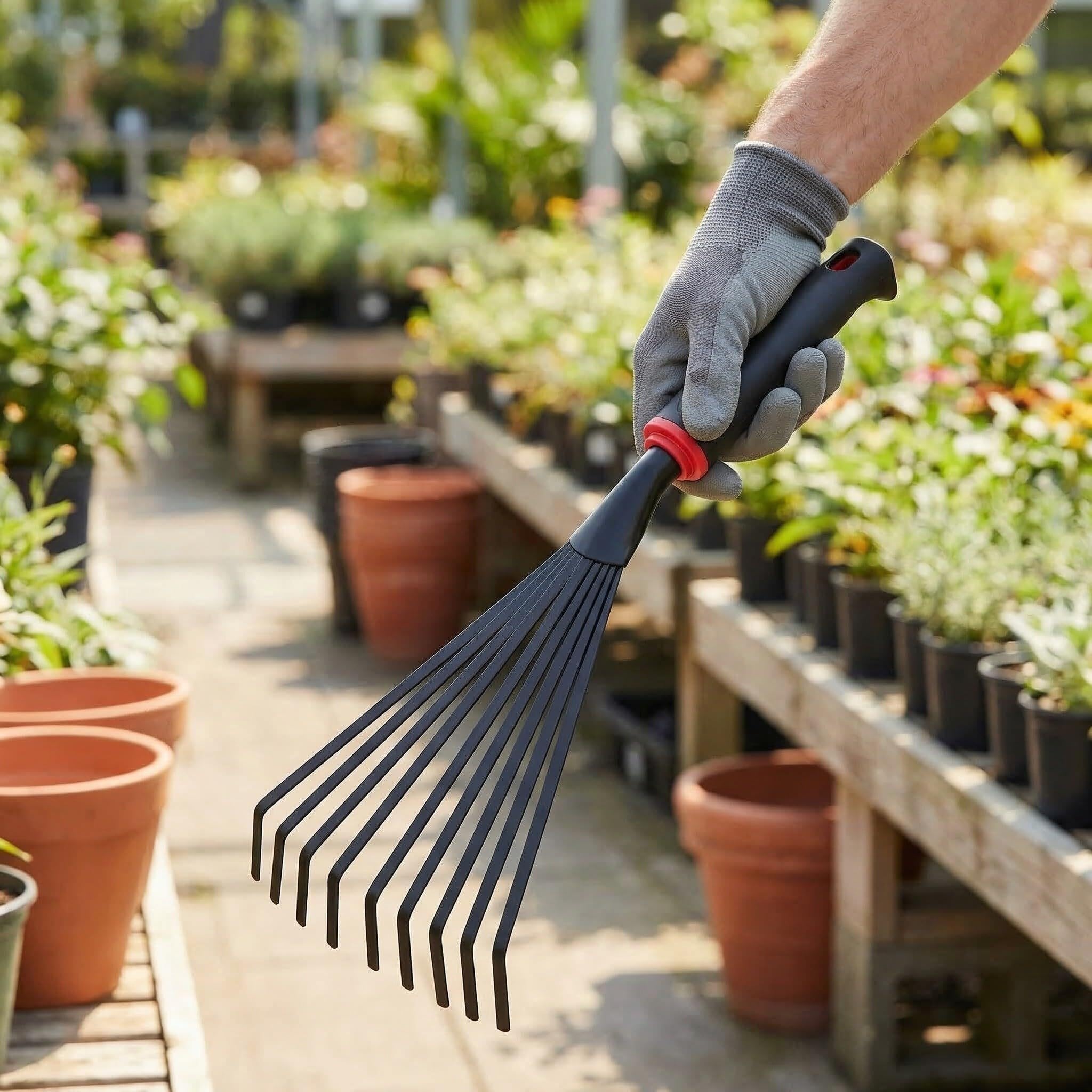 1 Paquete de rastrillo de Mano pequeño for jardín, Juego de rastrillo de Mano con Ventilador con Cabeza de Hierro de 9 púas con Mango for Limpieza de arbustos de Hojas y Camas de Flores