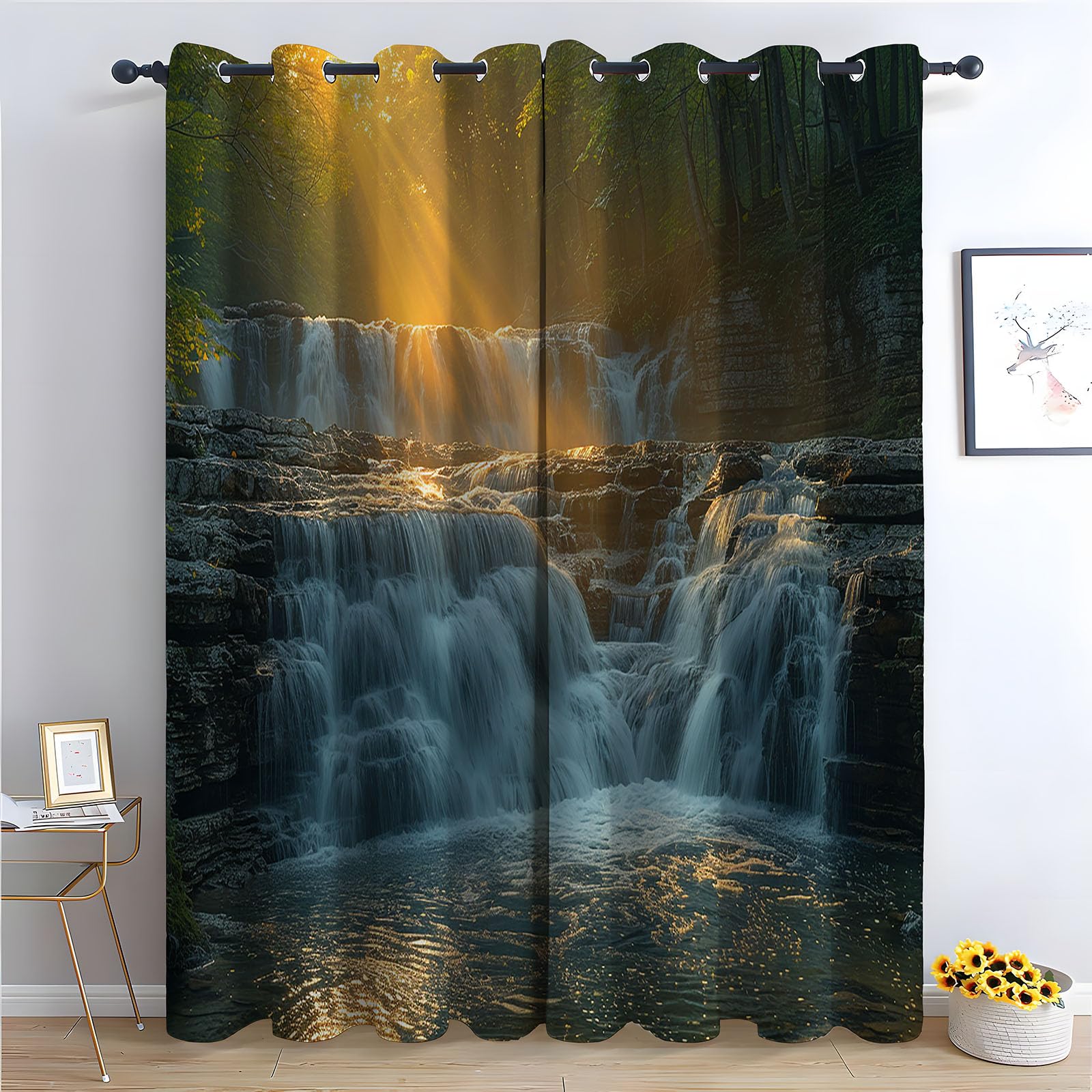 Rideaux thermiques jungle H180 x L100 cm avec cascade et rayons dorés d'automne