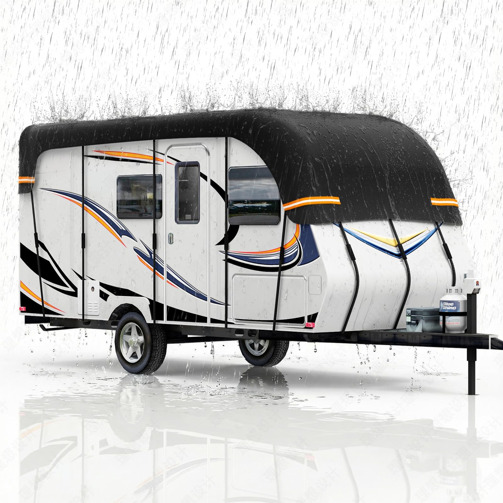 Wohnmobil-Abdeckungen, Wohnwagen-Abdeckung, wasserdicht, schützende Dachabdeckung, universell für Sommer, Frost, UV-Schutz, 210D Oxford-Tuch mit reflektierenden Riemen, für Wohnmobilreisen, 7,5 x 3 m
