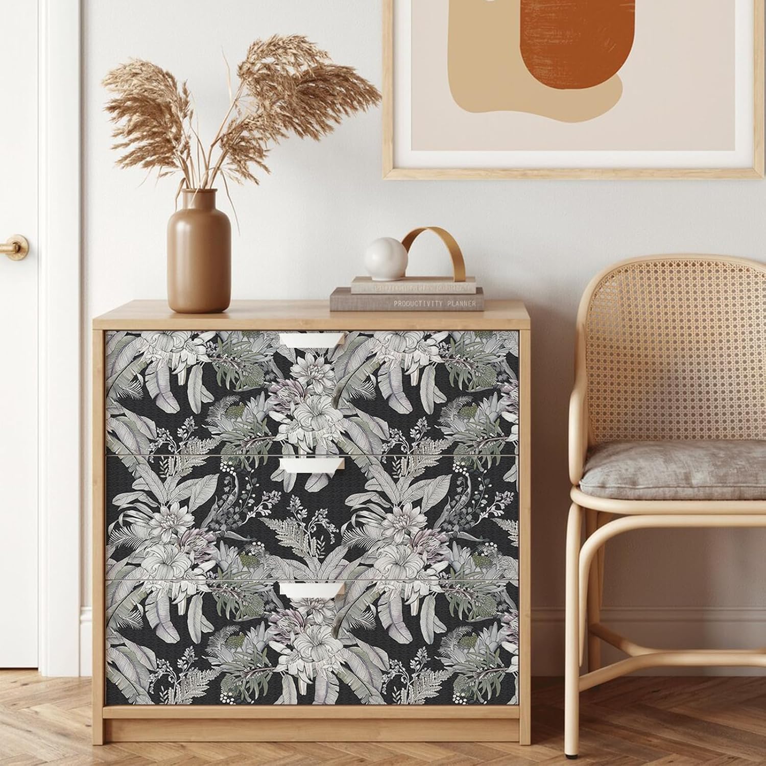 Floral Peel and Stick Wallpaper - Boho Vintage Removable Tropical Wallpaper with Pink Watercolor Flowers - 17.71'x236.2'