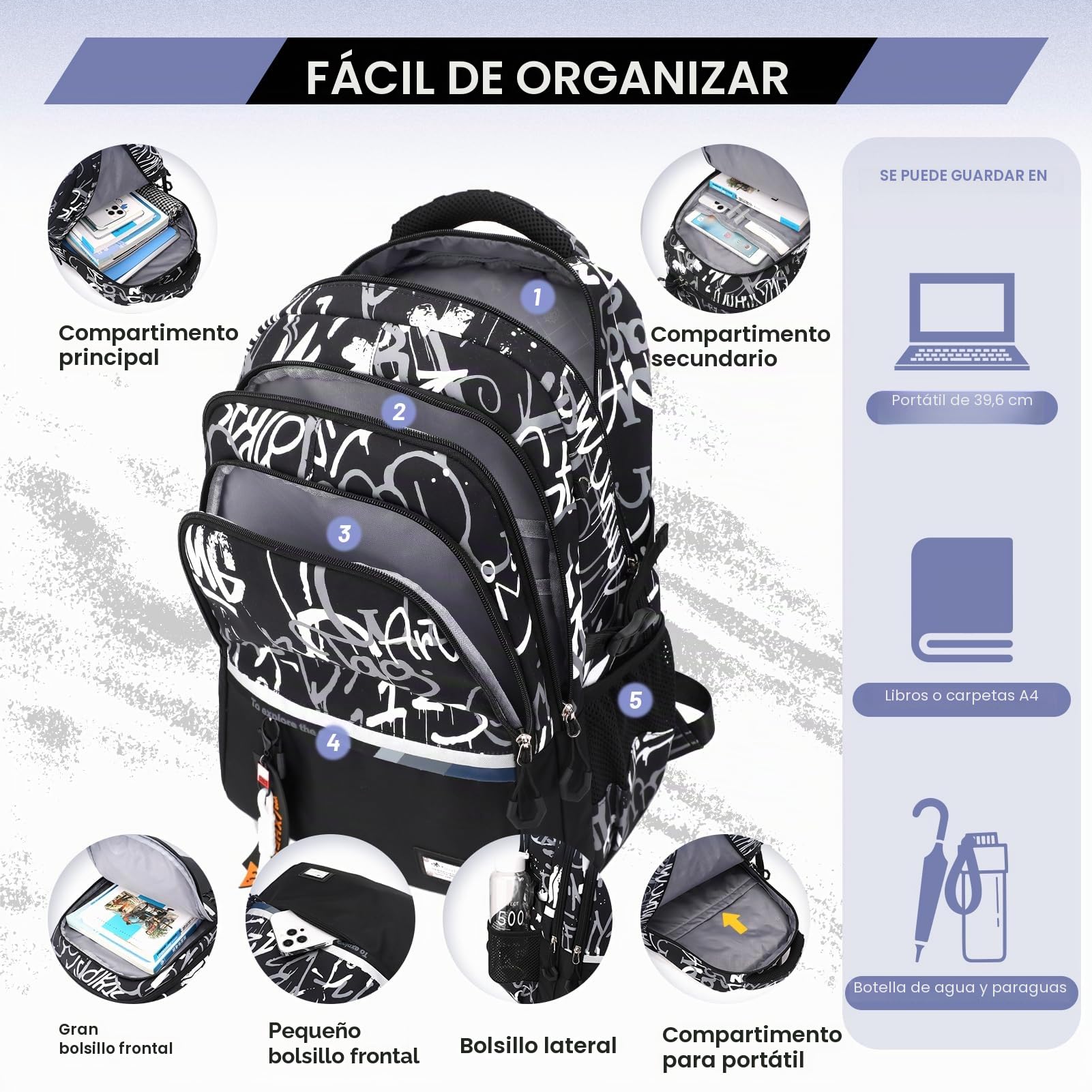 Amythe Mochilas Escolares Adolescentes - 32 Litri Mochila Colegio Niño 11-17 años, Mochila Portatil 16 Pulgadas para Chicos, Mochila Instituto Casual de Moda, Apta para Carro -Negro