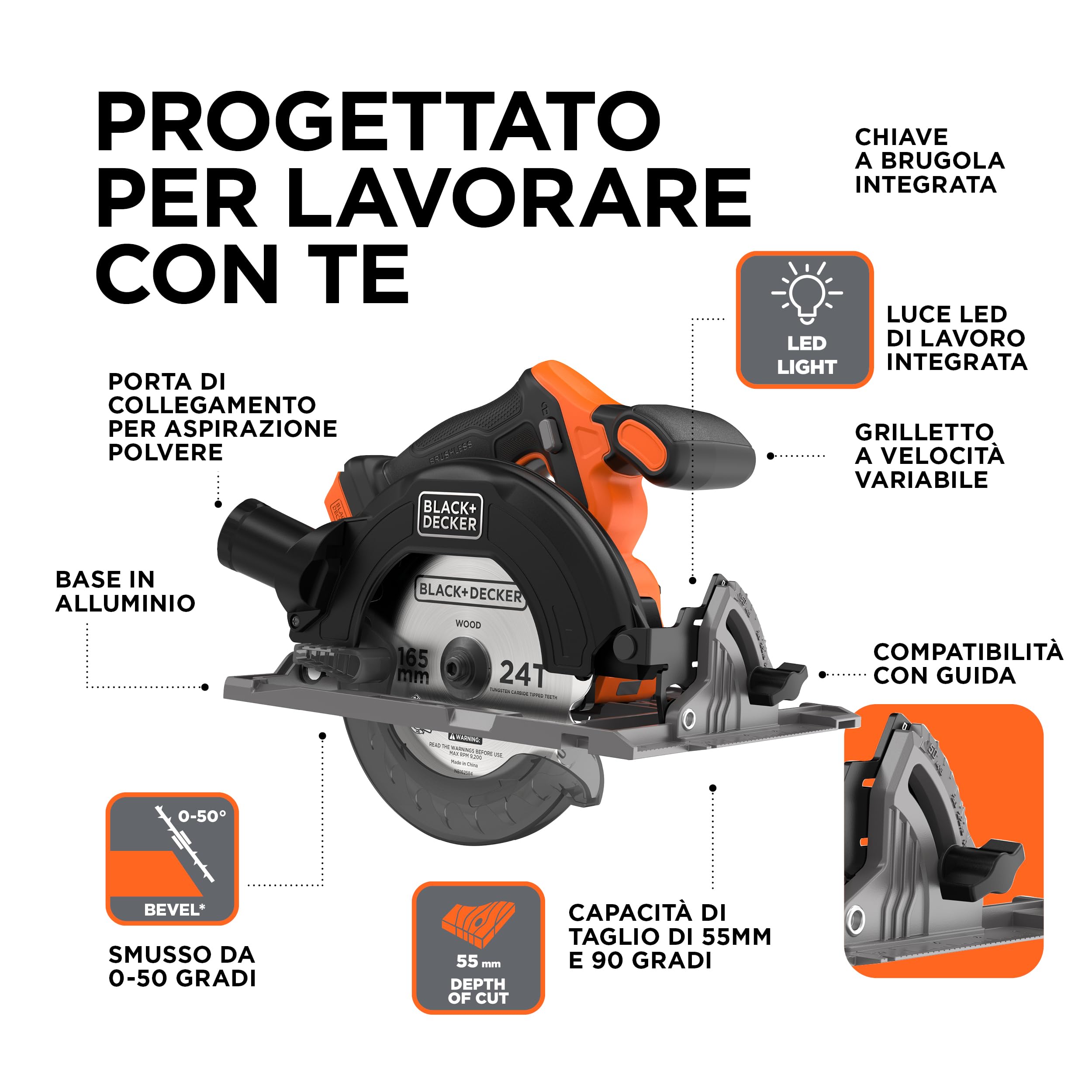 BLACK+DECKER Sega circolare a batteria senza spazzole, solo utensile - senza batteria, sega circolare elettrica con lama da 165 mm, binario di guida e guida parallela, BLCCS78NAZ-XJ