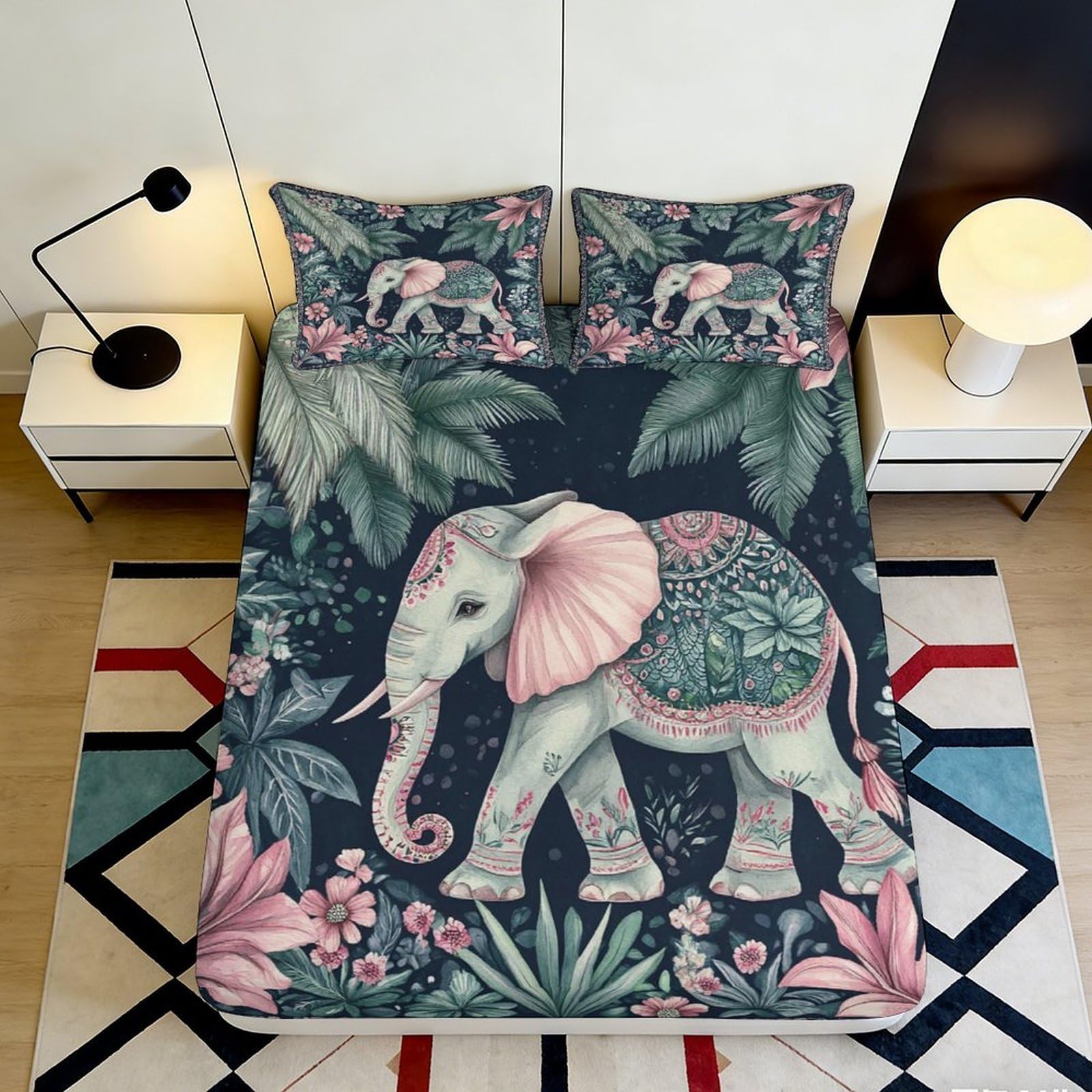 3D Printed Jungle Elephant Fitted Sheet Microfiber Deep Pocket Non-Slip Jungle Elephant Mattress Fitted Cover Bedroom Bedding 120x200x25cm