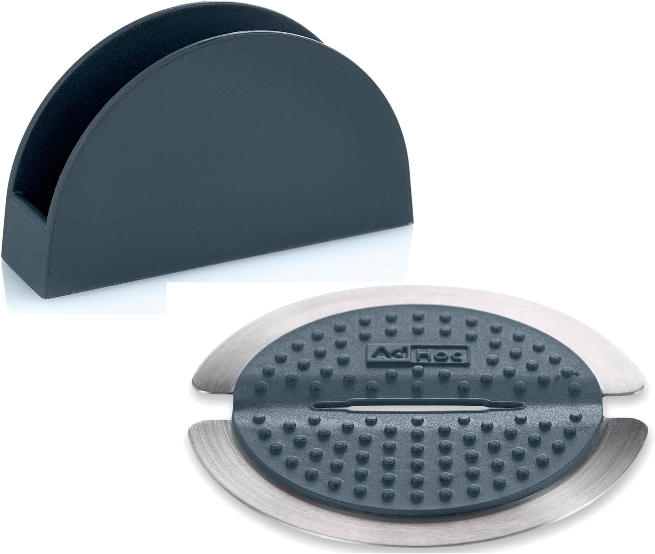 AdHoc TA02 SQUEETEA Tea Bag Squeezer | Stainless Steel/Plastic/Silicone | Teabag Press/Holder, Cup Coaster | (L)110mm x (H)67mm x (W)27mm | Grey | Includes Storage Stand