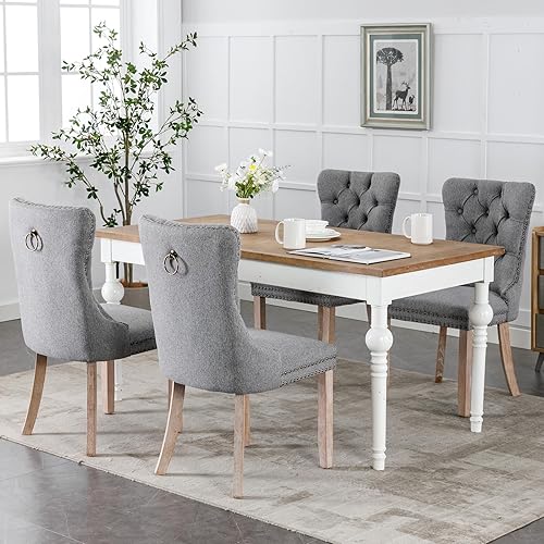 Vista 32 de Juego de 2 sillas de comedor modernas, sillas de comedor tapizadas acolchadas con patas de madera maciza, silla de cocina de tela de lino beige, 01