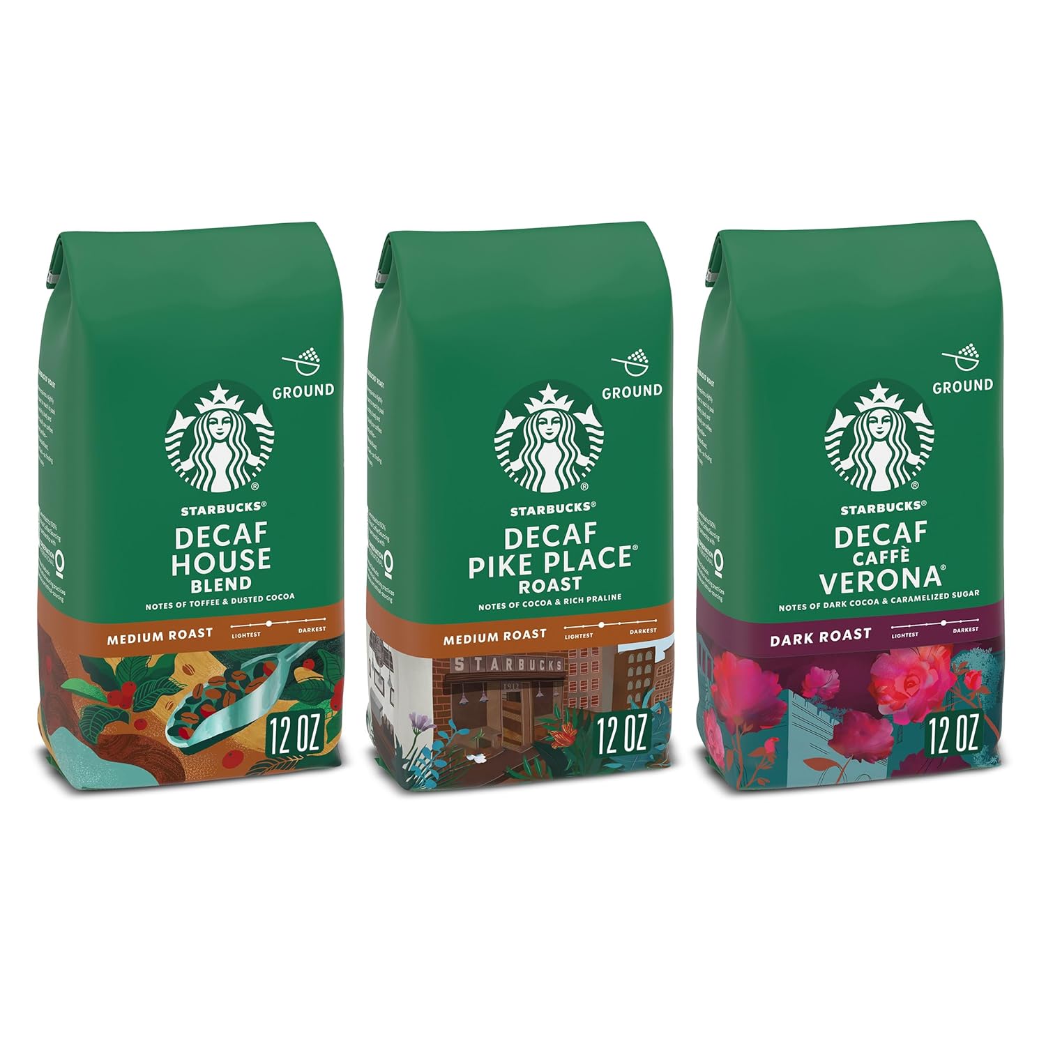 Starbucks Medium & Dark Roast Decaf Ground Coffee, Variety Pack, 3 bags (12 oz each)