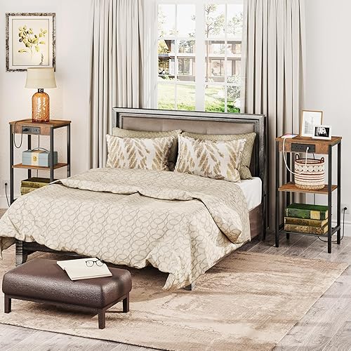 Miniatura 5 de HOOBRO Mesa auxiliar alta con estación de carga, mesita de noche de 30 pulgadas de alto, mesa auxiliar pequeña de 3 niveles con estante ajustable,