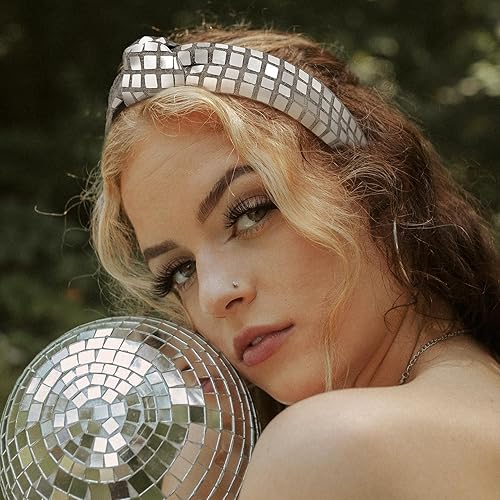 Miniatura 7 de 3 piezas de diadema de discoteca de los años 70 para mujer, diadema con lazo anudado con espejo plateado con purpurina para despedida de soltera