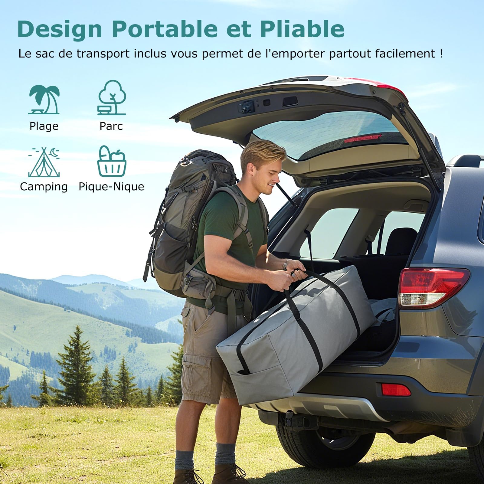 GYMAX Tente Camping Grande avec Auvent, 2 Chambres Séparées, Toit de Lucarne, Bâche Anti-Pluie Amovible, Portes et Fenêtres Enroulable, pour Extérieur Pique-Nique
