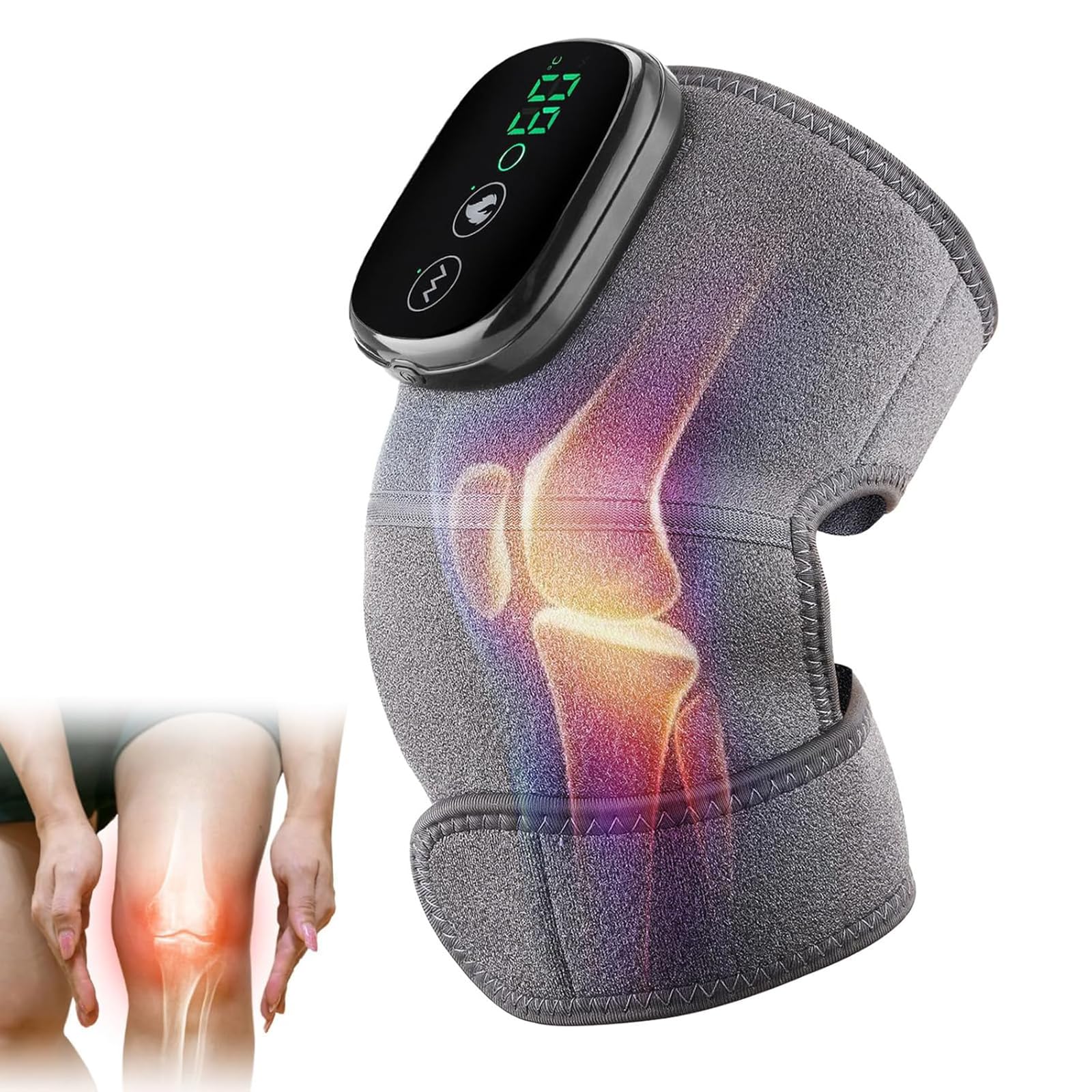 Knie Massage, Revolutionäre 4-In-1 Knee Massager, Kniemassagegerät mit Heizfunktion, Knie-Schulter-Ellbogen-Heizkissen mit Touchscreen-Steuerung, 3 Einstellbare Intensität und Temperatur