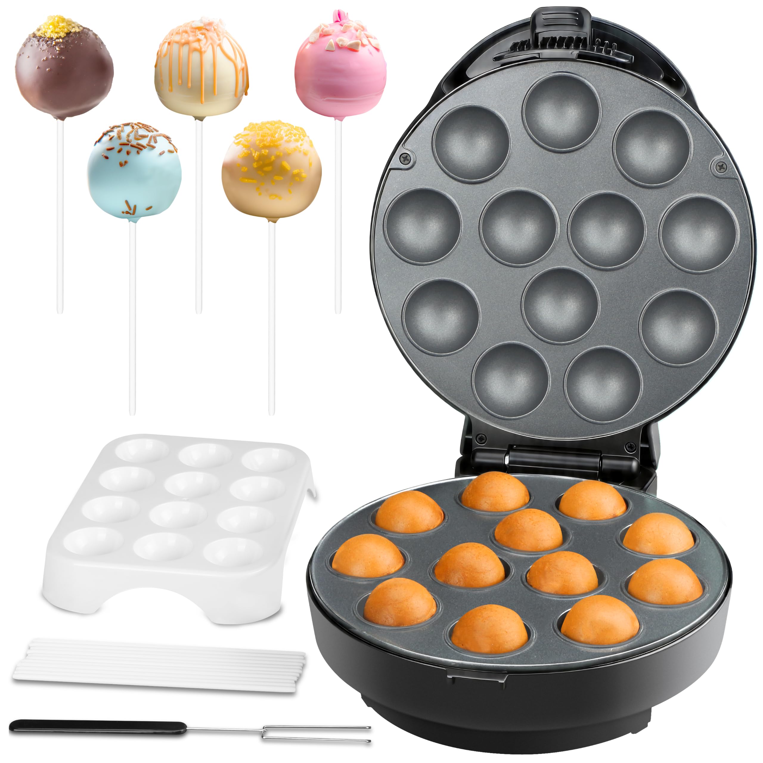 Baker's Friend Cake Pop Maker Machine Set with Cake Pop Stand, Sticks &amp; Fork Tool, 12 Cake Pops Capacity, Graphite