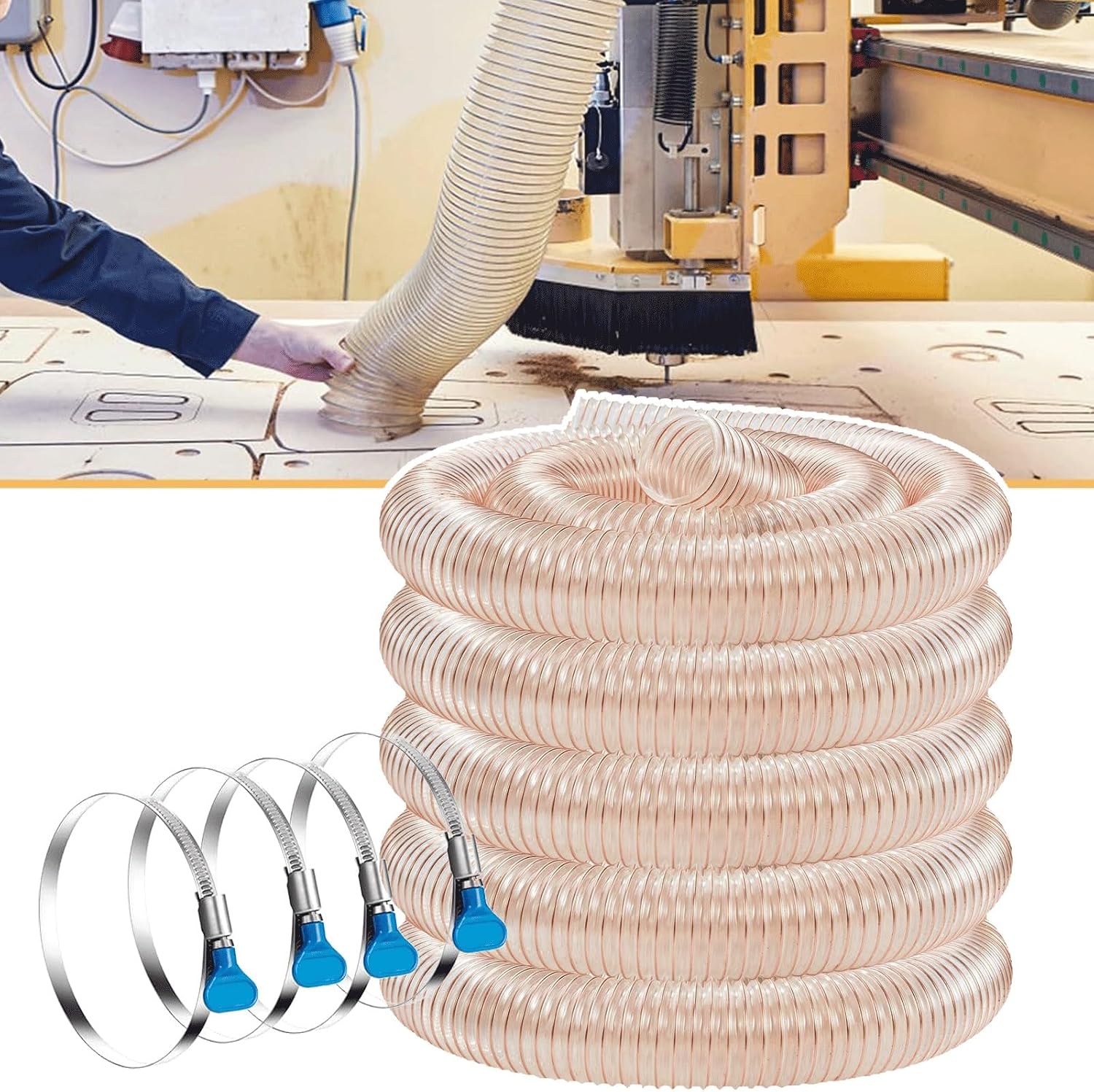 Heavy Shop Vac Hose System Clear Pvc Pipe Dia-210(mm)/8.3inch, 700cm/276inch/23ft with 4 Thumbscrew Clamps, 1.2(mm) Thick, Puncture Resistant PU Polyurethane Hose With Copper-plated Steel wire