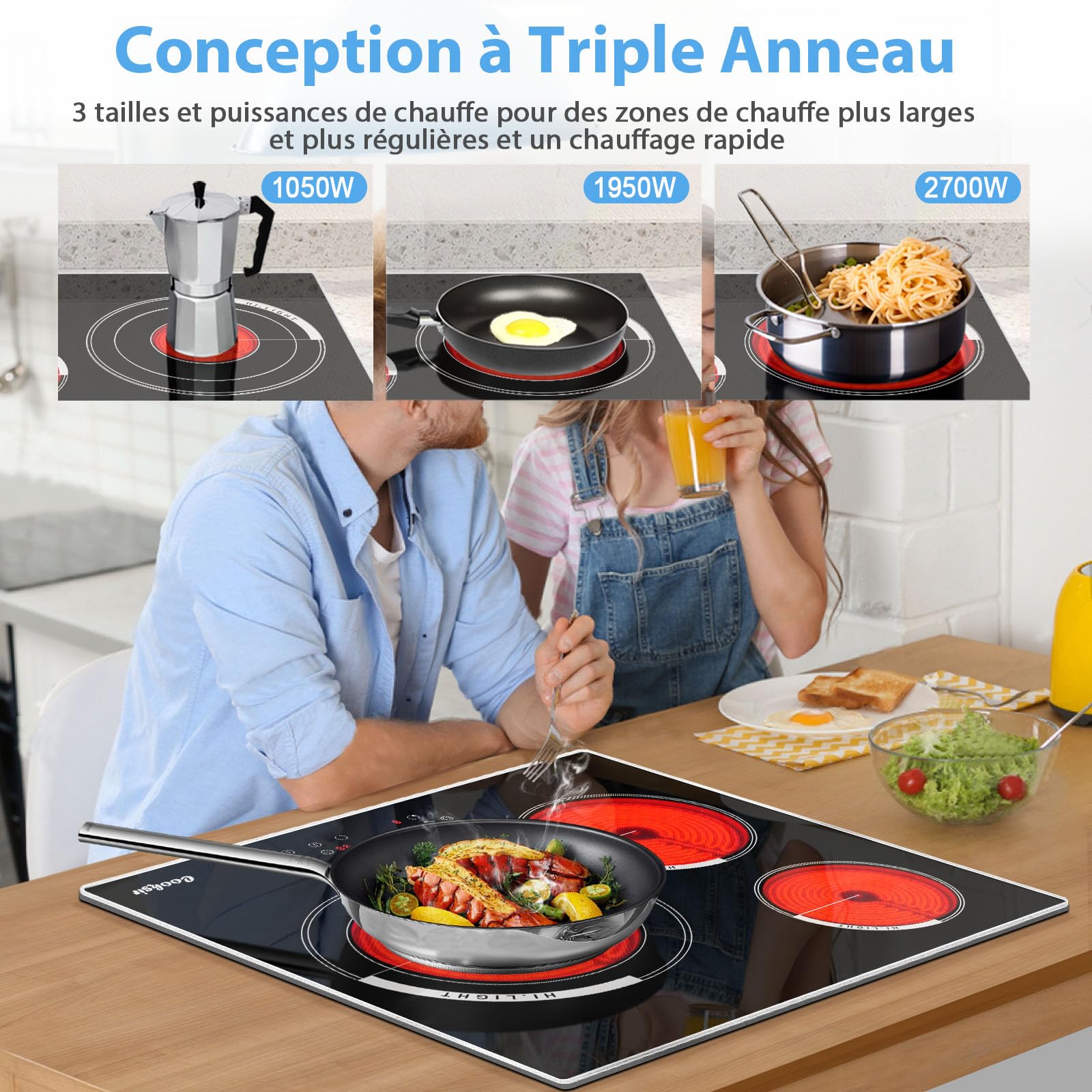 Four Encastrable 60CM avec Prise, 60 Litres, 2000W, 7 Fonctions, Bouton Rotatif+Table de Cuisson Vitrocéramique 3 Feux, 5700W, Plaque électrique Encastrable 60CM
