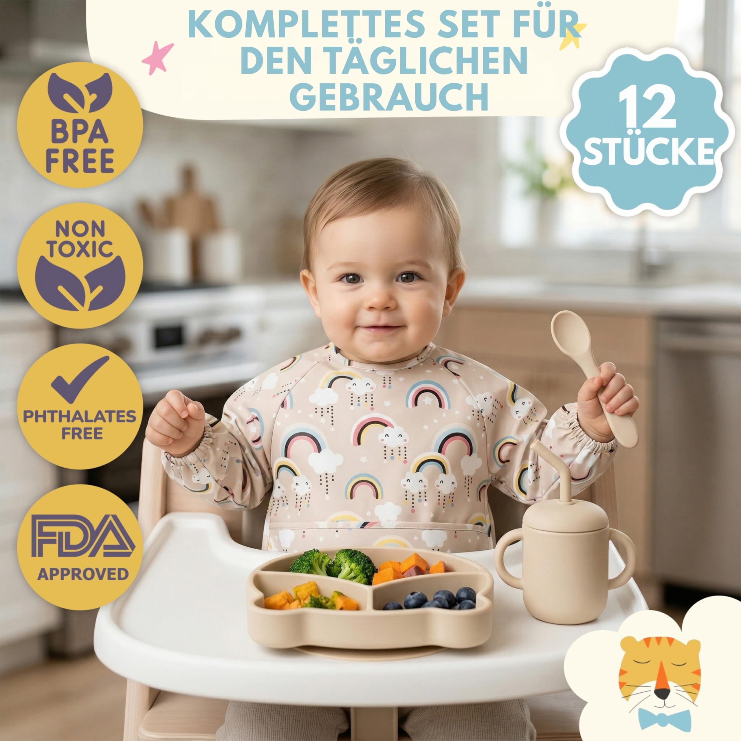 Baby Geschirrset aus Silikon 12-teilig | mit Teller mit Saugnapf, Schüssel, Becher, Besteck, wasserdichten Lätzchen und Fruchtsauger | BPA-frei | mikrowellen- und spülmaschinengeeignet
