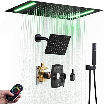 14 X 20 Inch Ceiling LED Rain Shower Head, Dual Rainfall Smart Shower System Set With 8 Inch Wall Head For Two People Matte Black