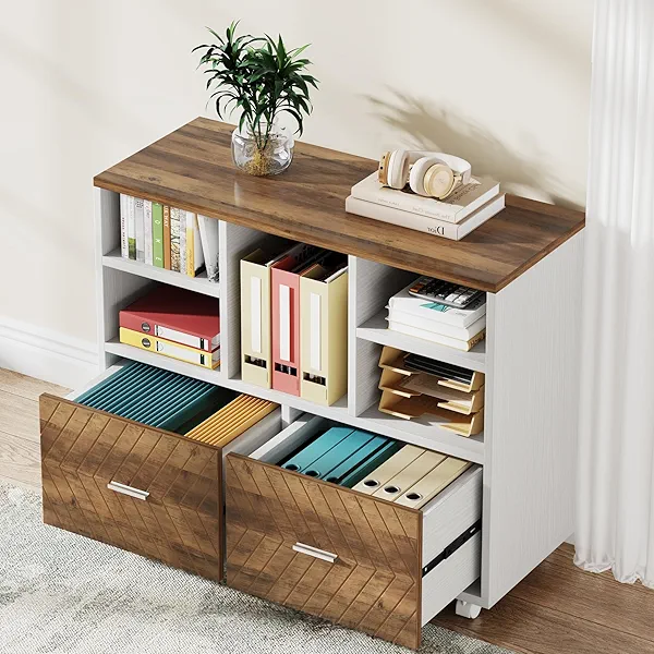Tribesigns 2-Drawer Wood File Cabinet, Mobile Lateral Filing Cabinet for Hanging Letter Size Files, Printer Stand with Open Storage Shelves for Home Office (Oak Karo & White)