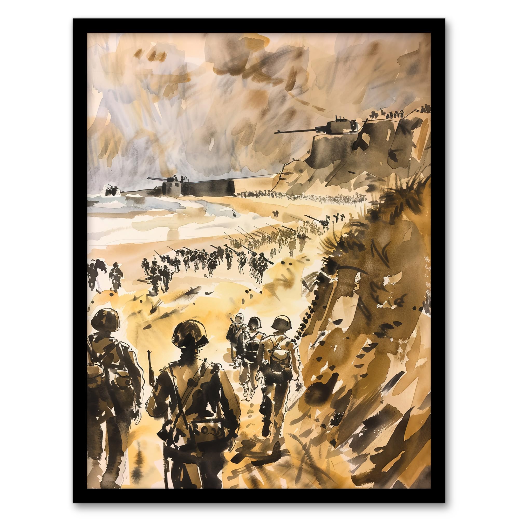Artery8 WWII D Day Landing Normandy War Tanks Soldiers Man Cave Artwork Framed Wall Art Print 18X24 Inch