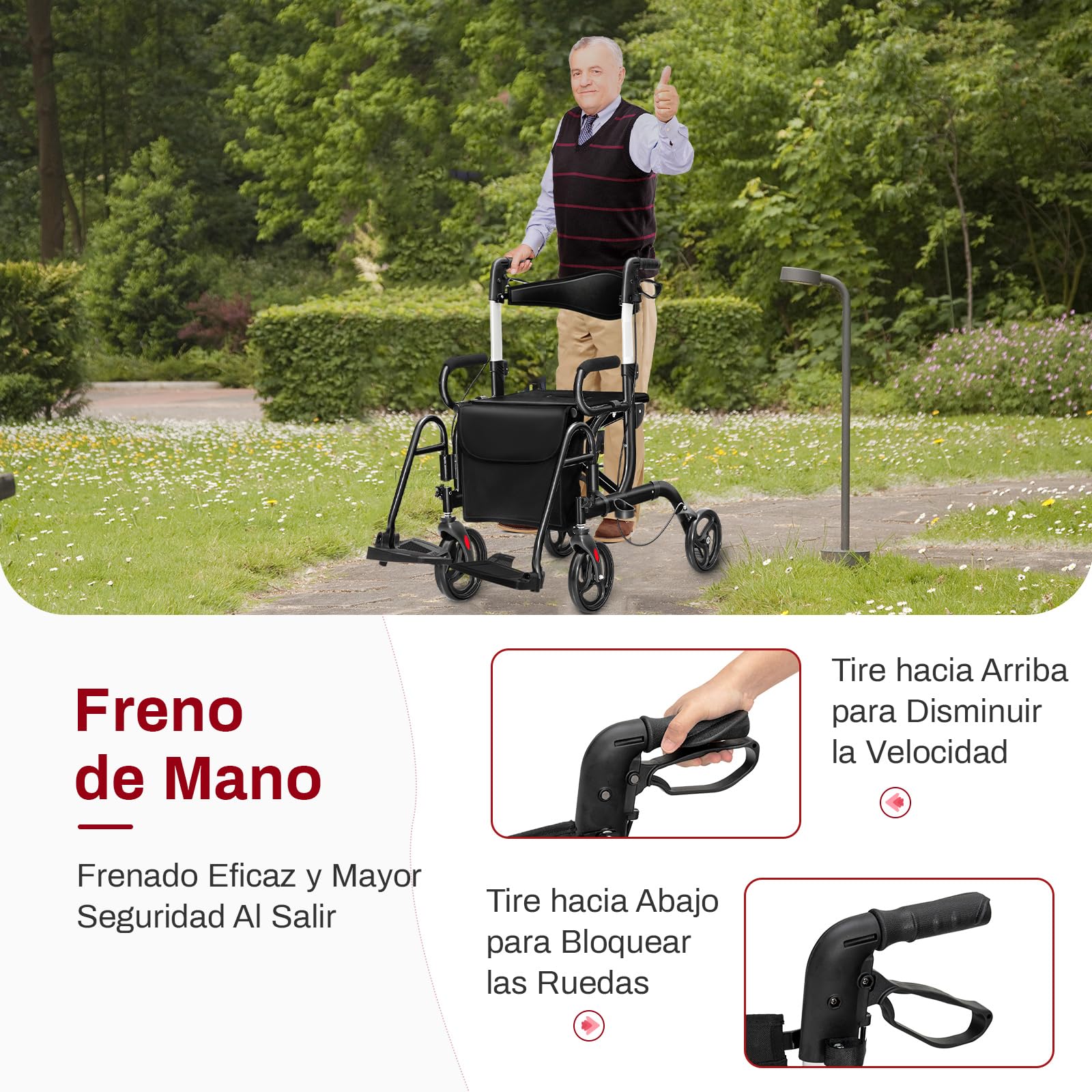 COSTWAY 2 en 1 Andador para Ancianos, Andador Plegable con Asiento, Respaldo Reversible, Mangos Ajustables, Ruedas PVC, Silla Transporte de Aluminio con Reposapiés y Bolsa Desmontable (negro)