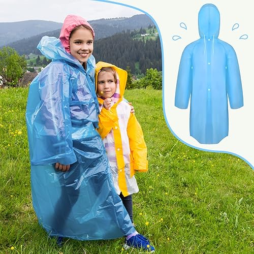 Miniatura 6 de Unittype Poncho de lluvia para niños, 4 piezas, portátil, reutilizable, EVA, con capucha y mangas para actividades al aire libre, Rosa, verde, azul,
