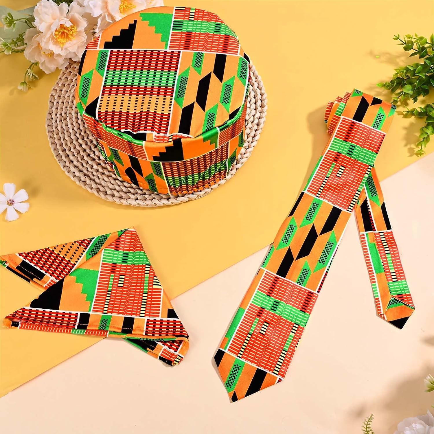 3 Pcs African Attire for Men African Kente Kufi Hat Kente Tie and Pocket Square for Black History Month Costume Accessories
