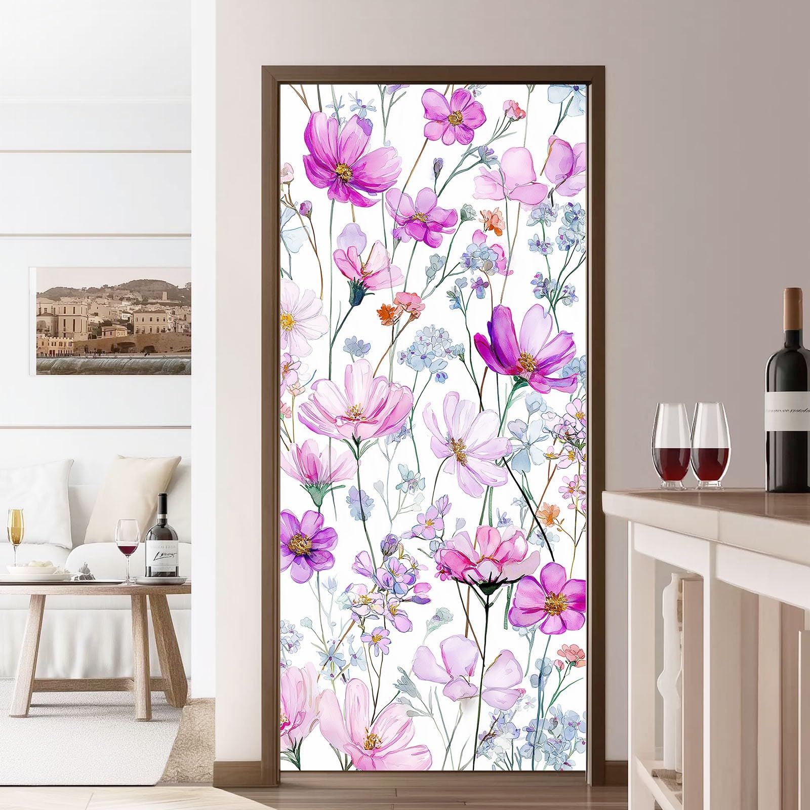 Naklejka na drzwi 3D, samoprzylepna, PCW, 90 x 200 cm, zdejmowana, fioletowa, wodoszczelna, do sypialni, kuchni, łazienki, biura, dekoracja drzwi - akwarela, kwiaty, motyw kwiatowy, naklejka na drzwi