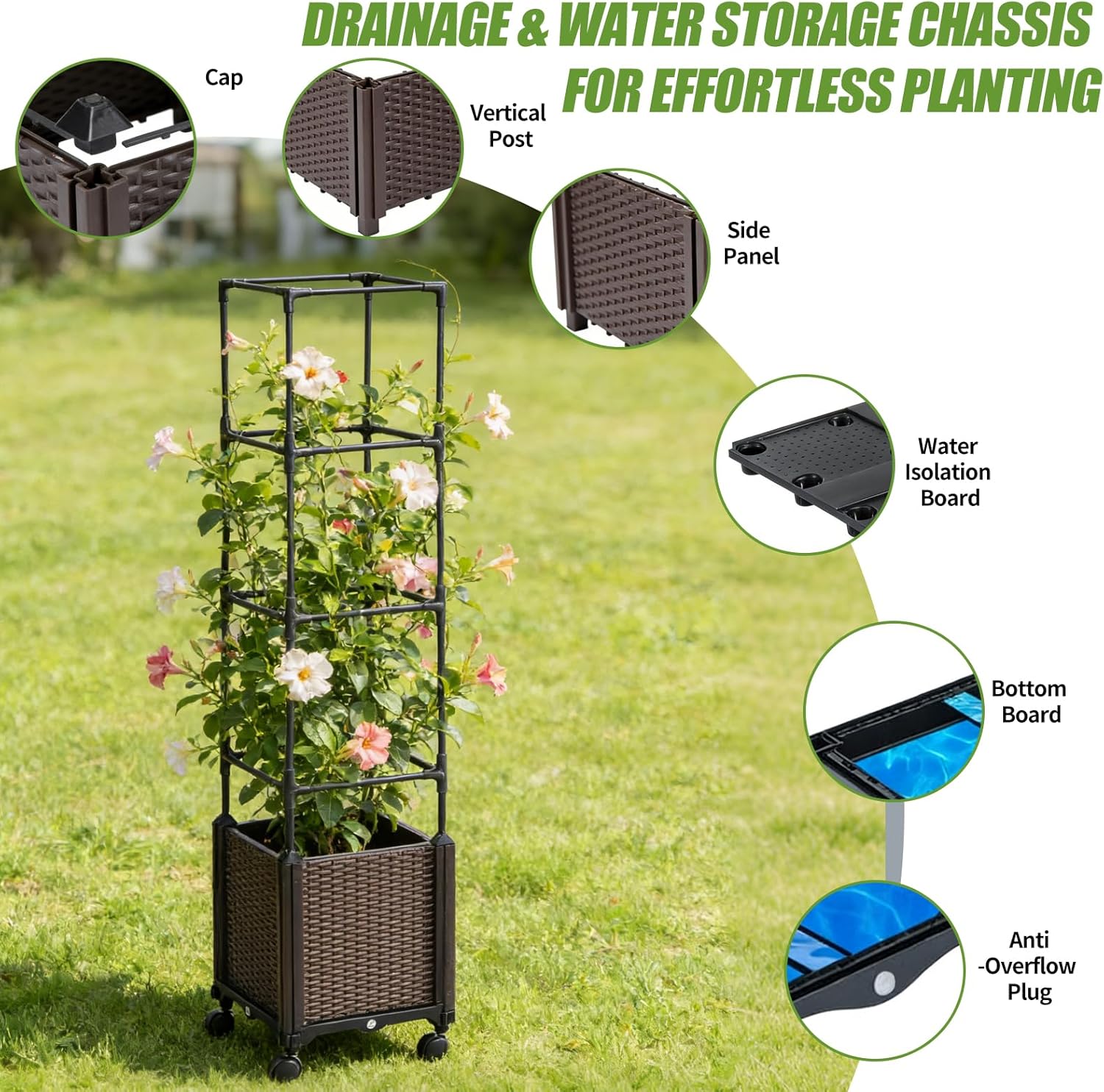 Tomato planter,Raised Garden Bed with Tomato Cage & Trellis, 53"Self-Watering Tomatos Planter with Lockable Wheels,Climbing Plants Large Reservoir for Vegetables Flowers,Indoor Outdoor Patio