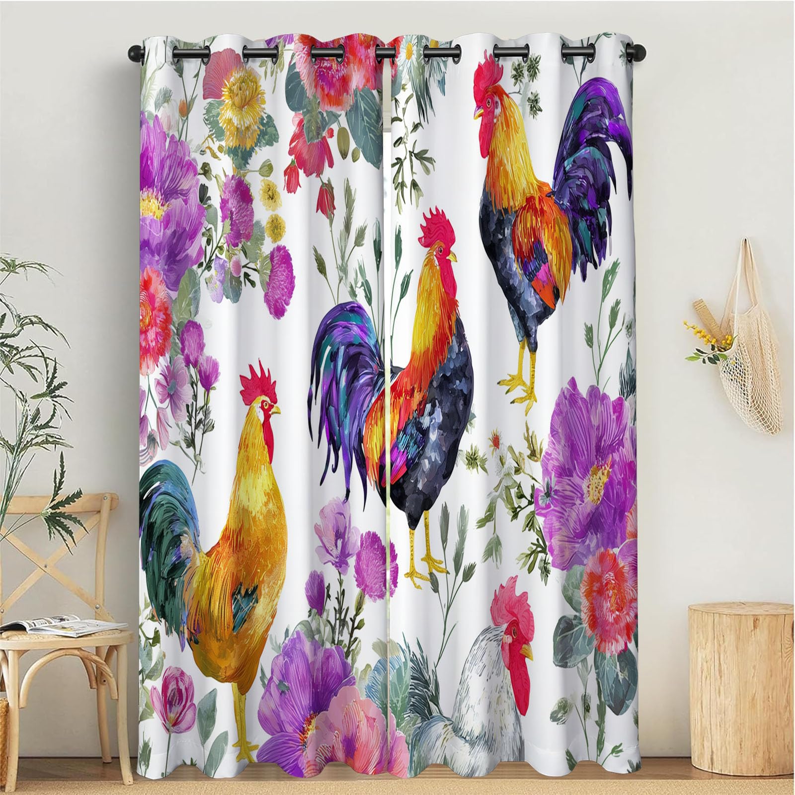 Rideaux opaque pour chambre coucher motif coq et poule coloré