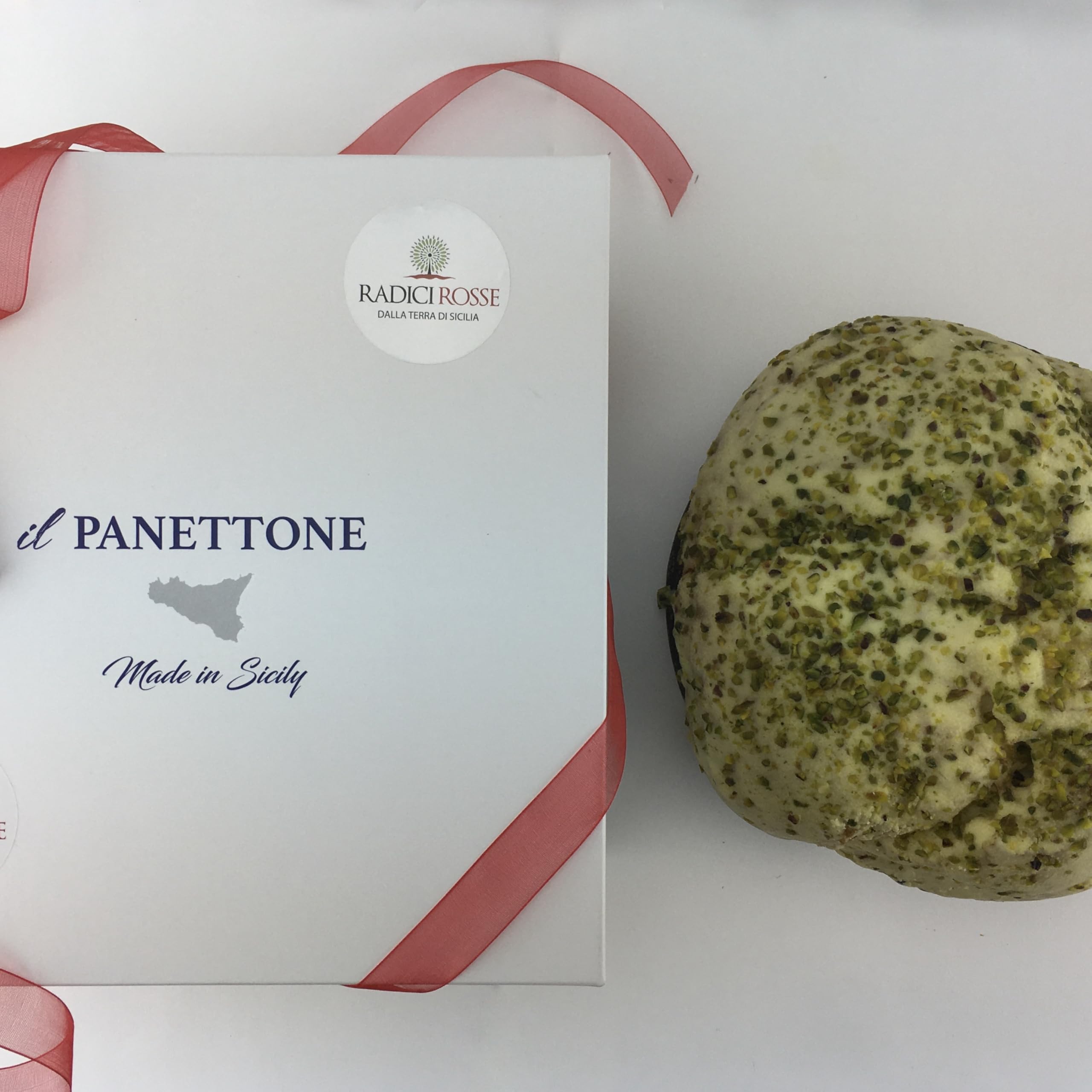 Panettone à la pistache glacée chocolat blanc et grain de pistache avec pot de crème de pistache, poids total 1 kg