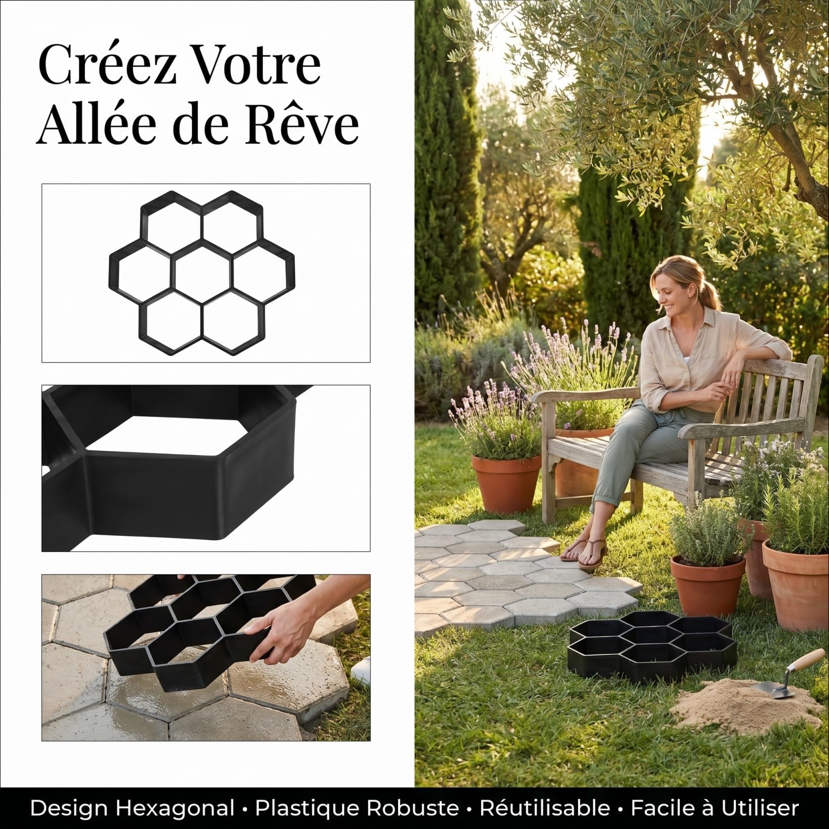 Moule Hexagonal à pavés de Jardin Moule à béton Réutilisable Plastique Solide Allée Terrasse Décoration Extérieure Outil Manuel 7.2x6.7In