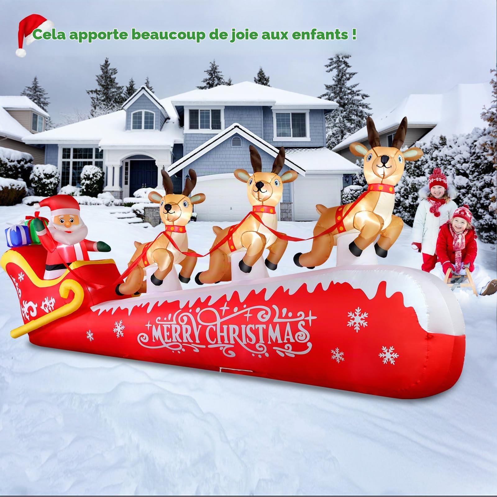 Décoration de Noël Gonflable de 360 cm/12 Pieds, Trois Rennes tirant Le traîneau du Père Noël, étanche IP44, gonflage Rapide en 1 Minute, Convient pour Les Jardins/Places publiques, etc