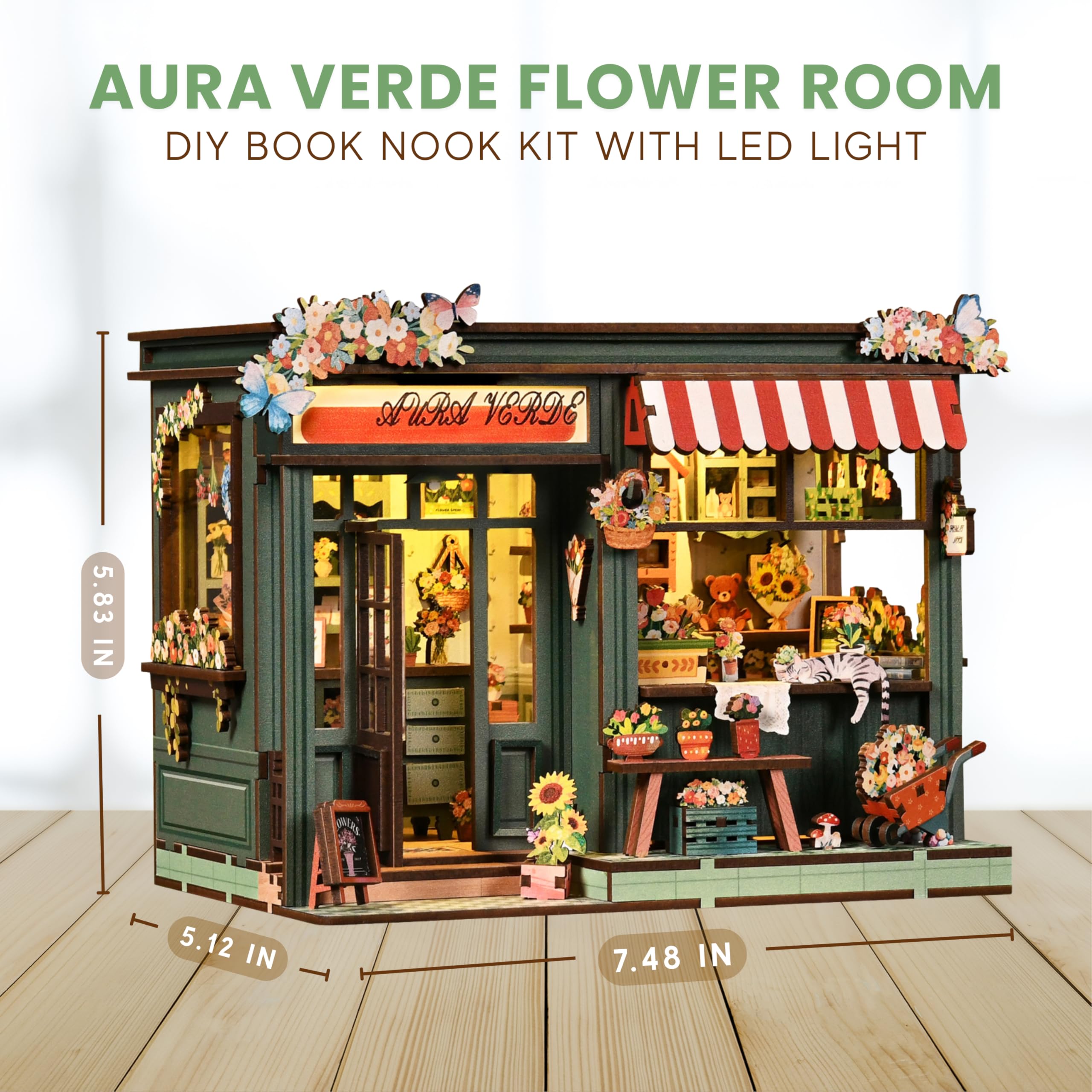 DIY Book Nook Kit mit LED-Lichtern - 3D-Holzpuzzles für Erwachsene (Aura Verde Blumenzimmer)