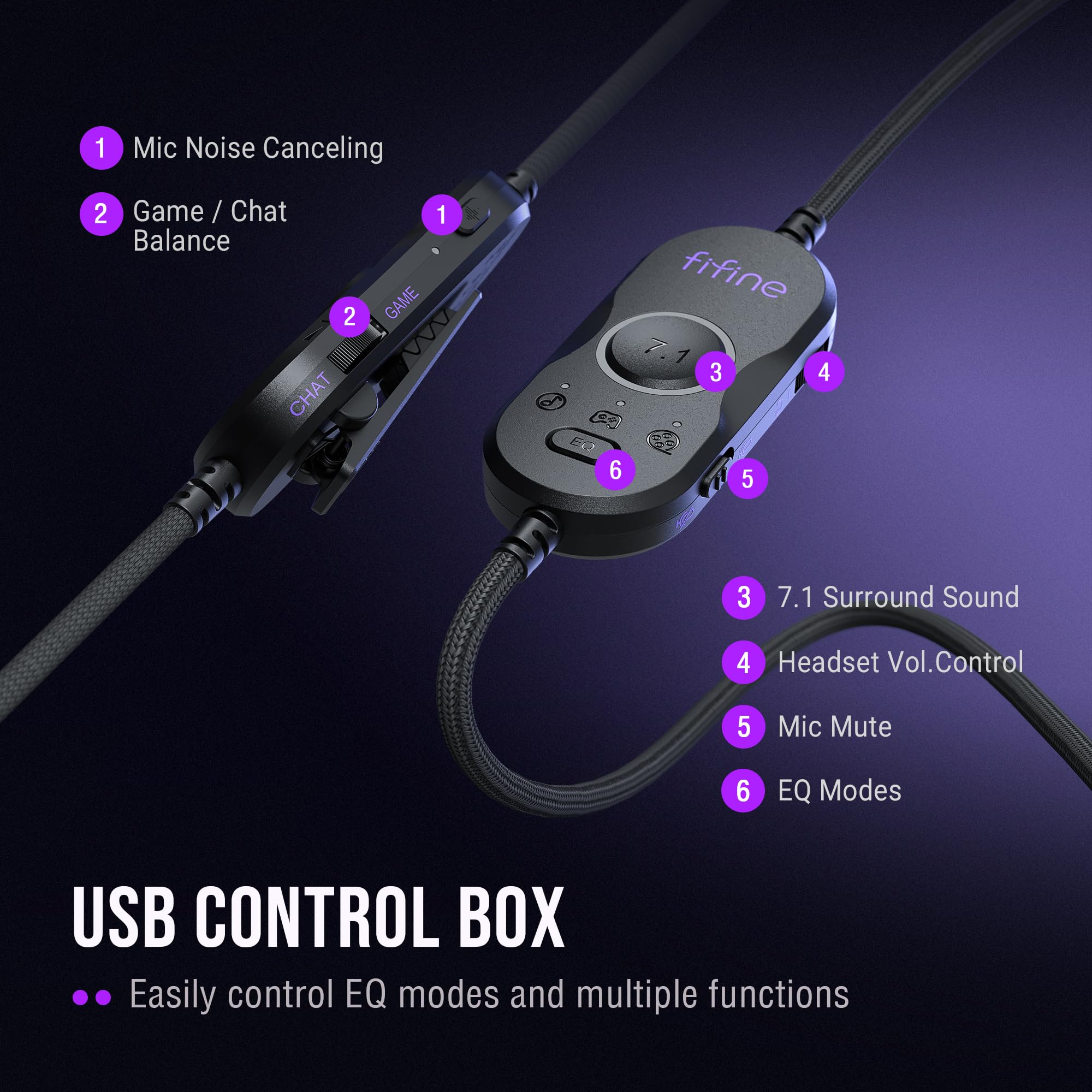 FIFINE AmpliGame H13 - Cuffie da gioco cablate: suono surround 7.1 - Illuminazione RGB vibrante - Microfono ANC - Auricolari ergonomici - Control Box - Cuffie USB over-ear streaming per PC, PS4, PS5
